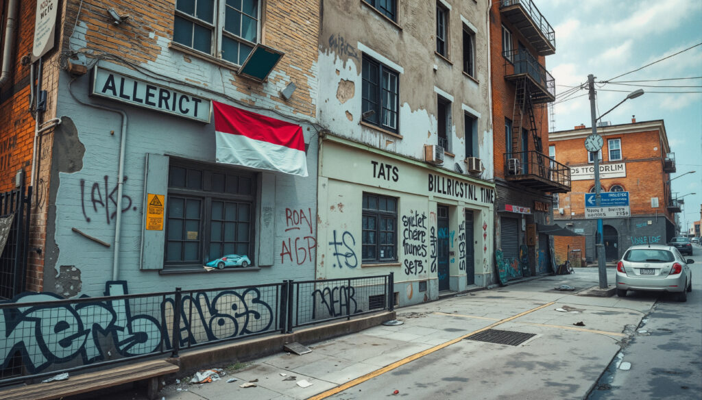 Urban Street with Graffiti-Covered Buildings and Dutch Flag