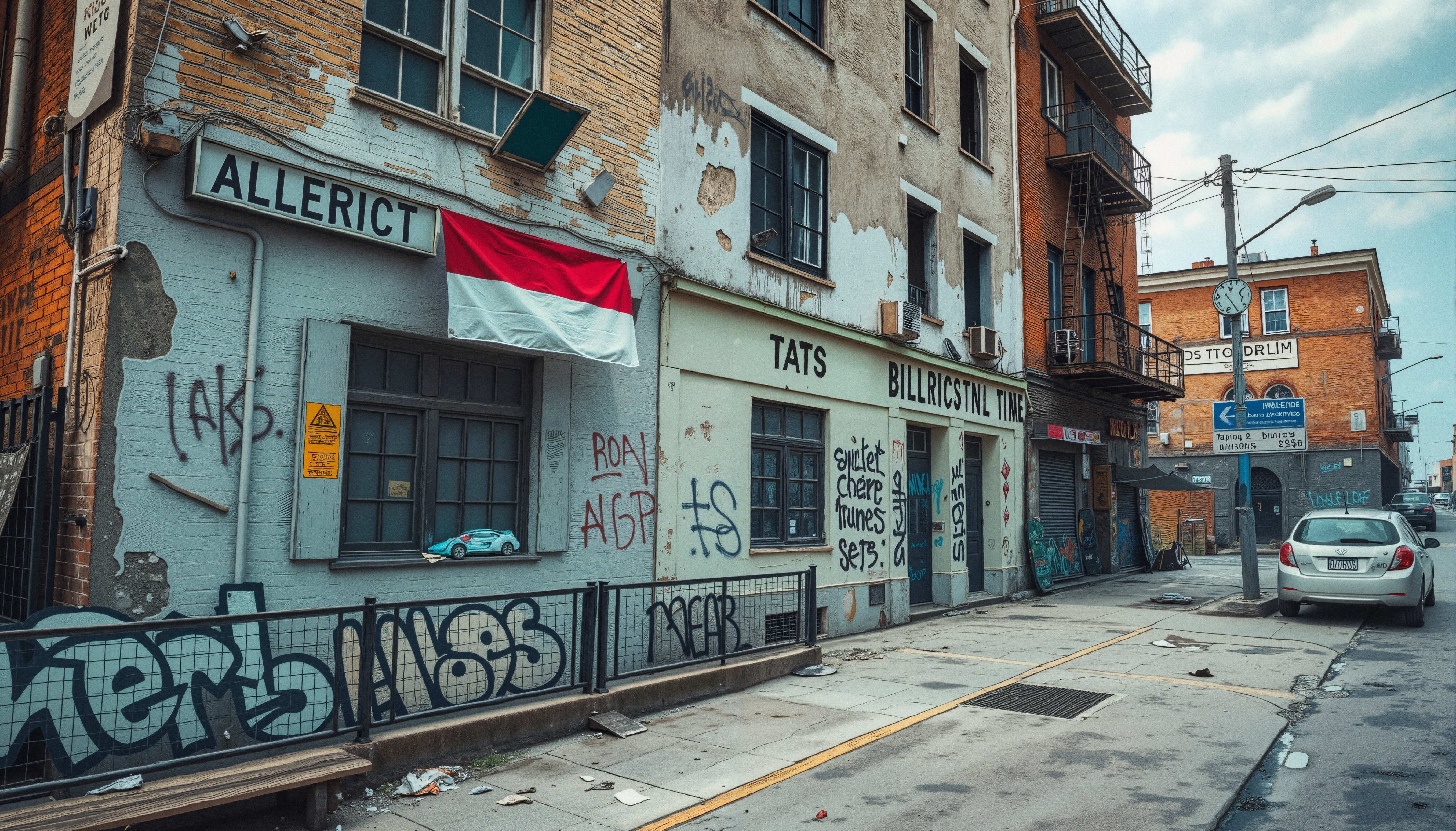 Urban Street Scene with Graffiti-Covered Buildings and Dutch Flag