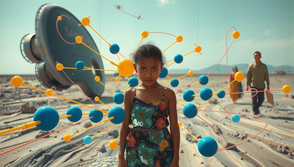 Child with floating spheres in desert landscape