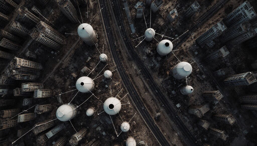 Aerial view of dome structures within an urban landscape