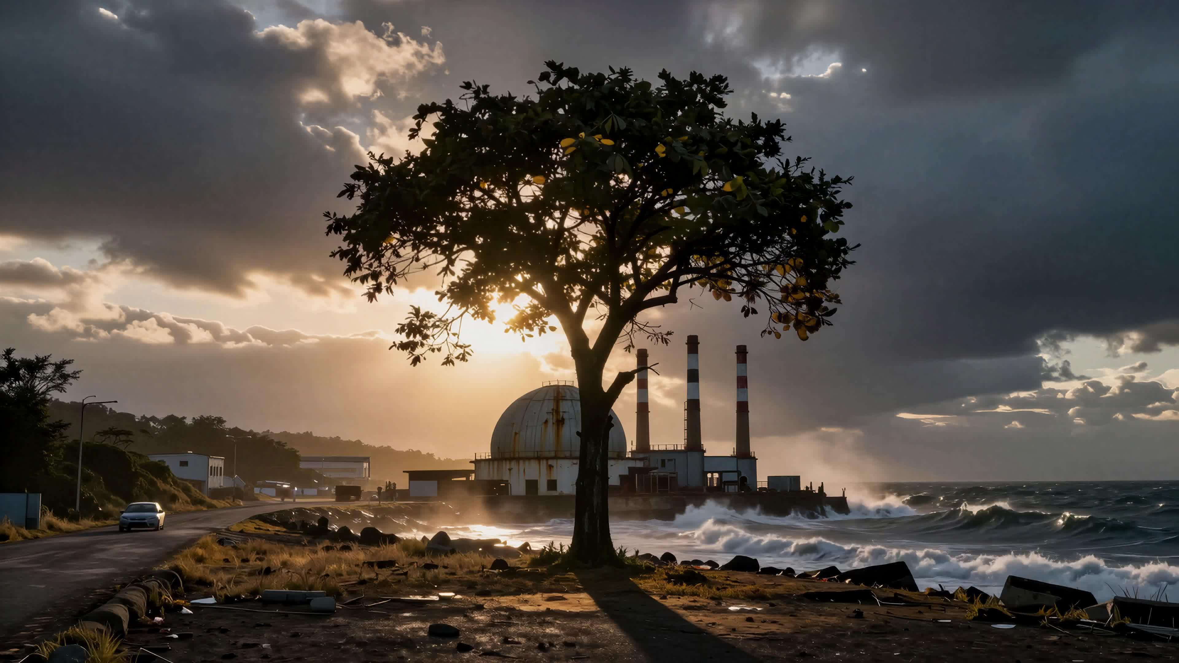 Lone tree silhouetted against sunset over coastal nuclear power plant amidst stormy ocean waves