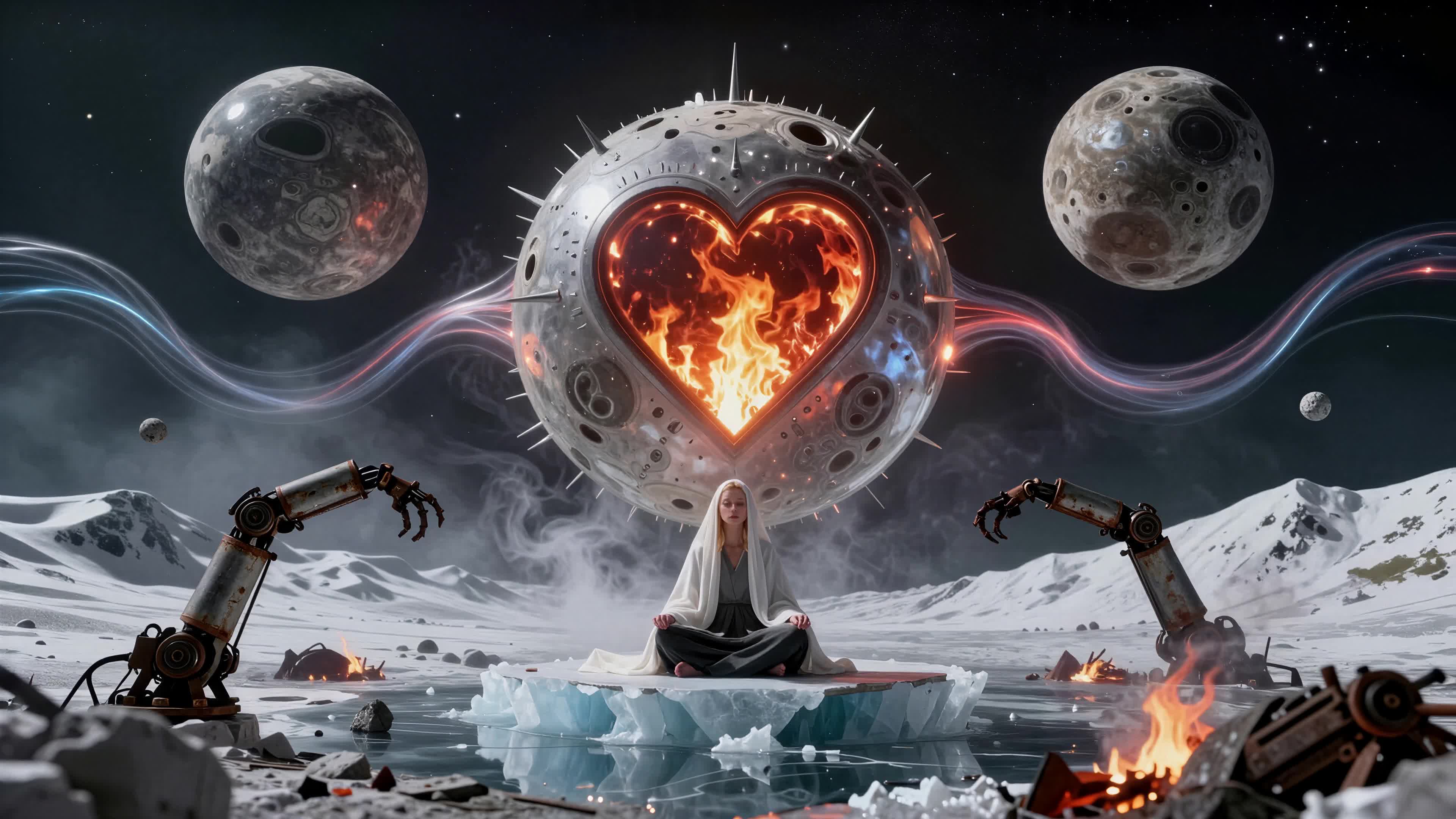 Meditating woman on icy float amidst robots and burning heart orb under twin moons – cosmic spiritual artwork.