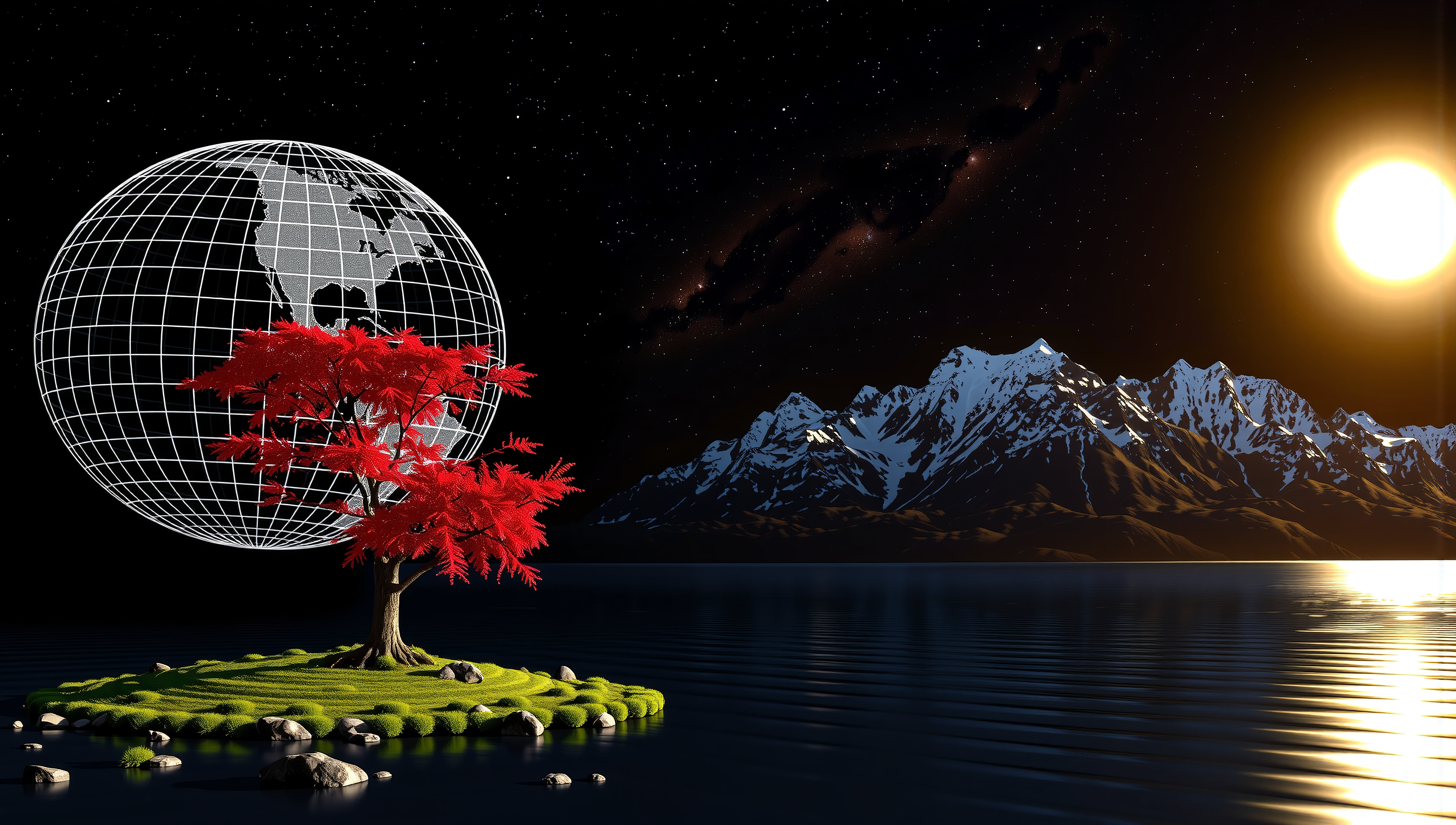 Wireframe Globe with Red Tree on Island Amidst Mountain Lake and Starry Sky