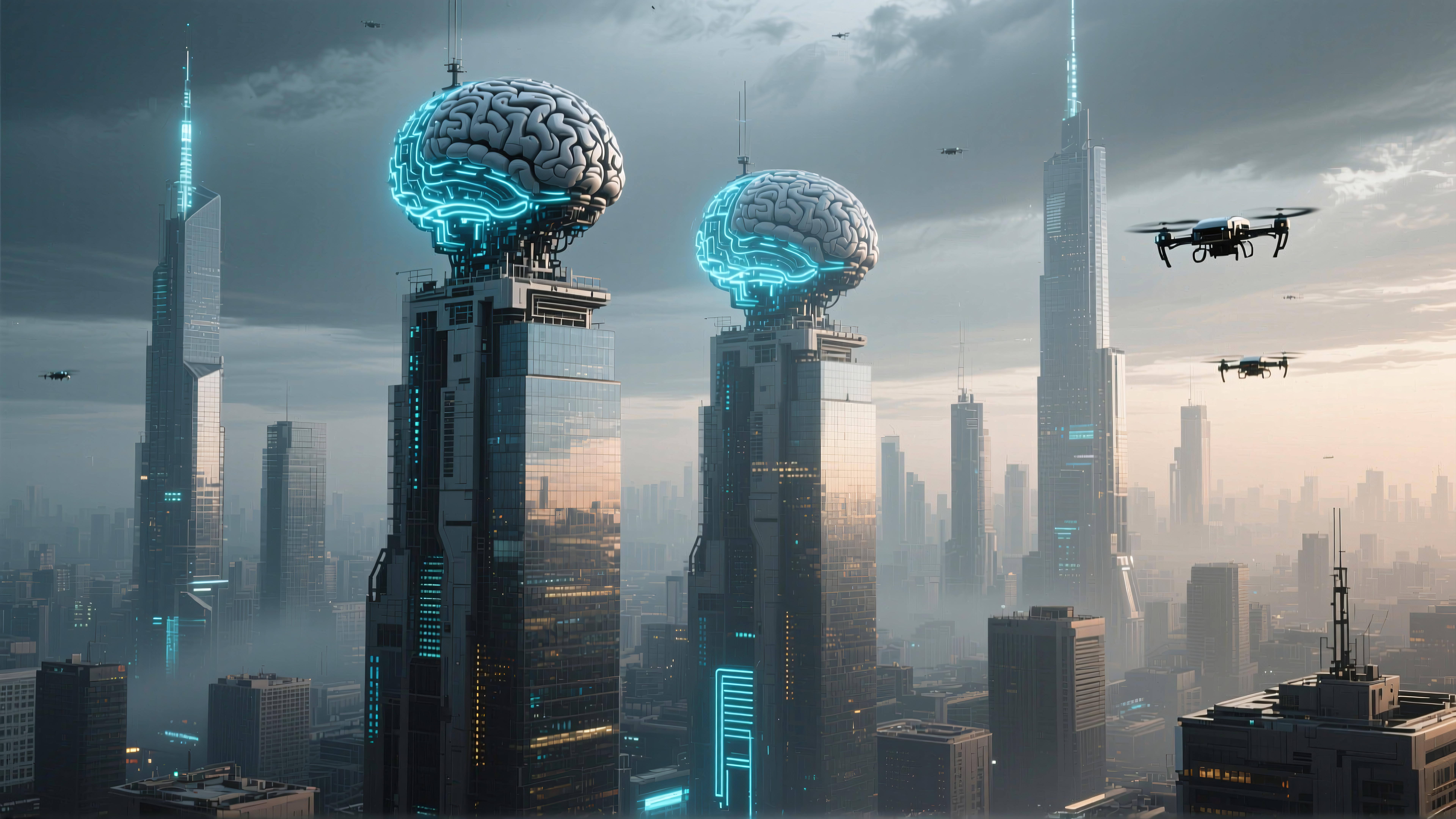 Futuristic Cityscape with Neural Network Towers and Drone Traffic