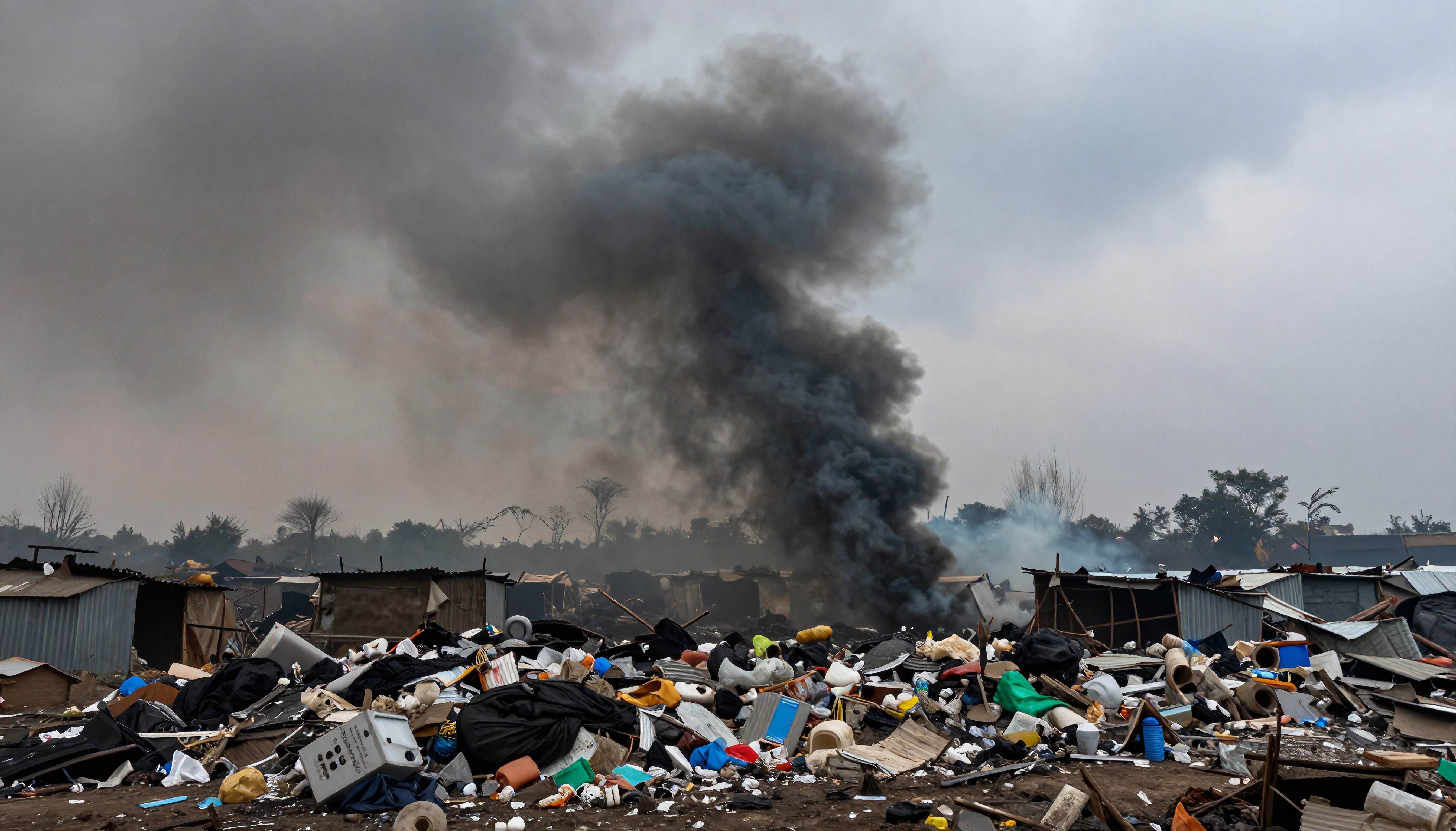 Smoke plume rises over destroyed settlement with rubble and makeshift shelters