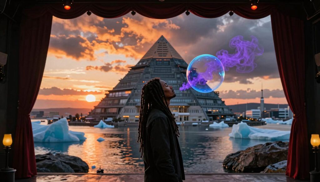 Mystical Sunset View of a Modern Pier Building with a Glowing Sphere