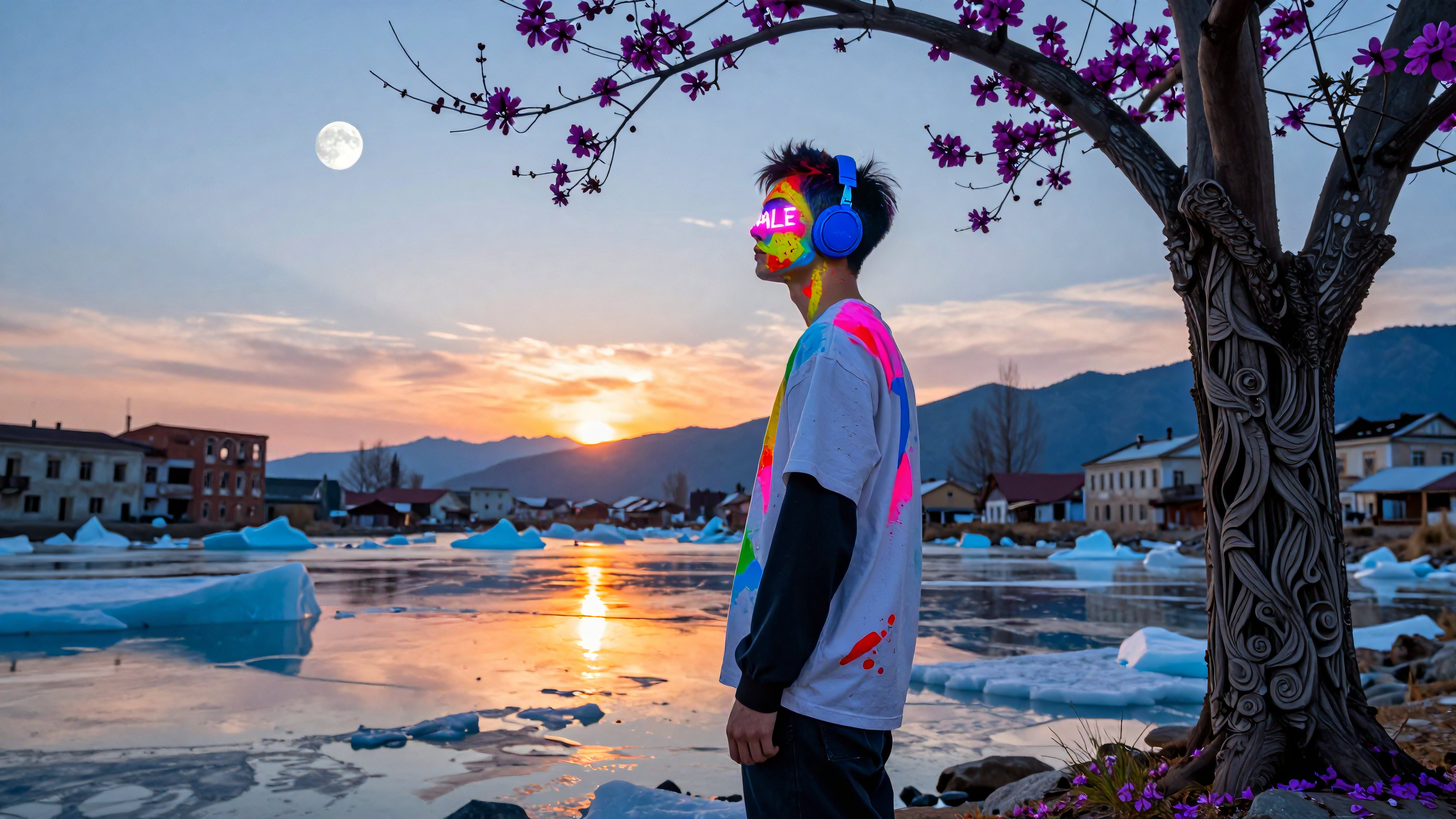 Colorful Portrait Amidst Winter Sunset with Frozen River and Moonlit Sky