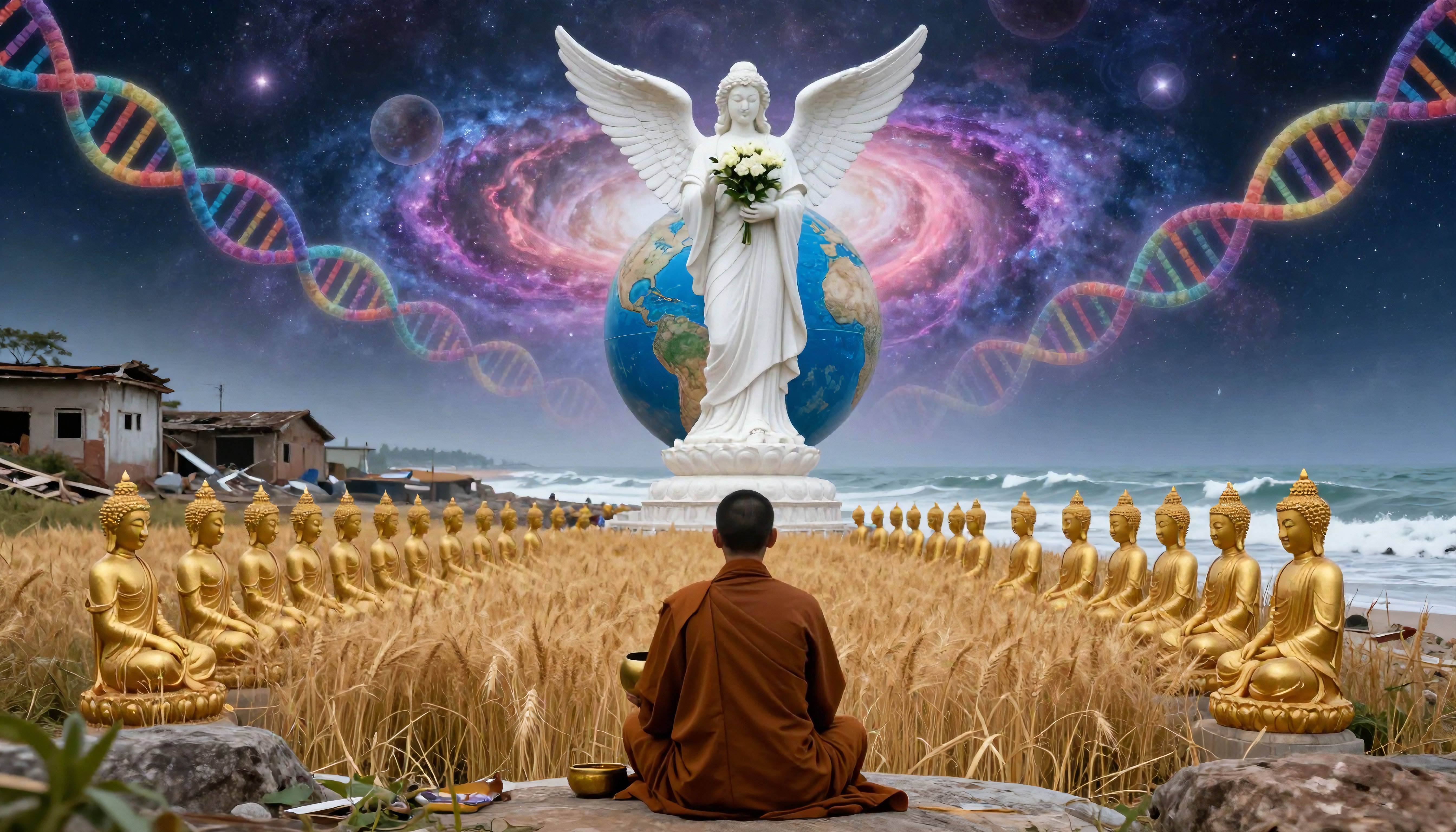 Spiritual Harmony: Angel Statue with DNA Helixes and Buddha Statues on a Beach