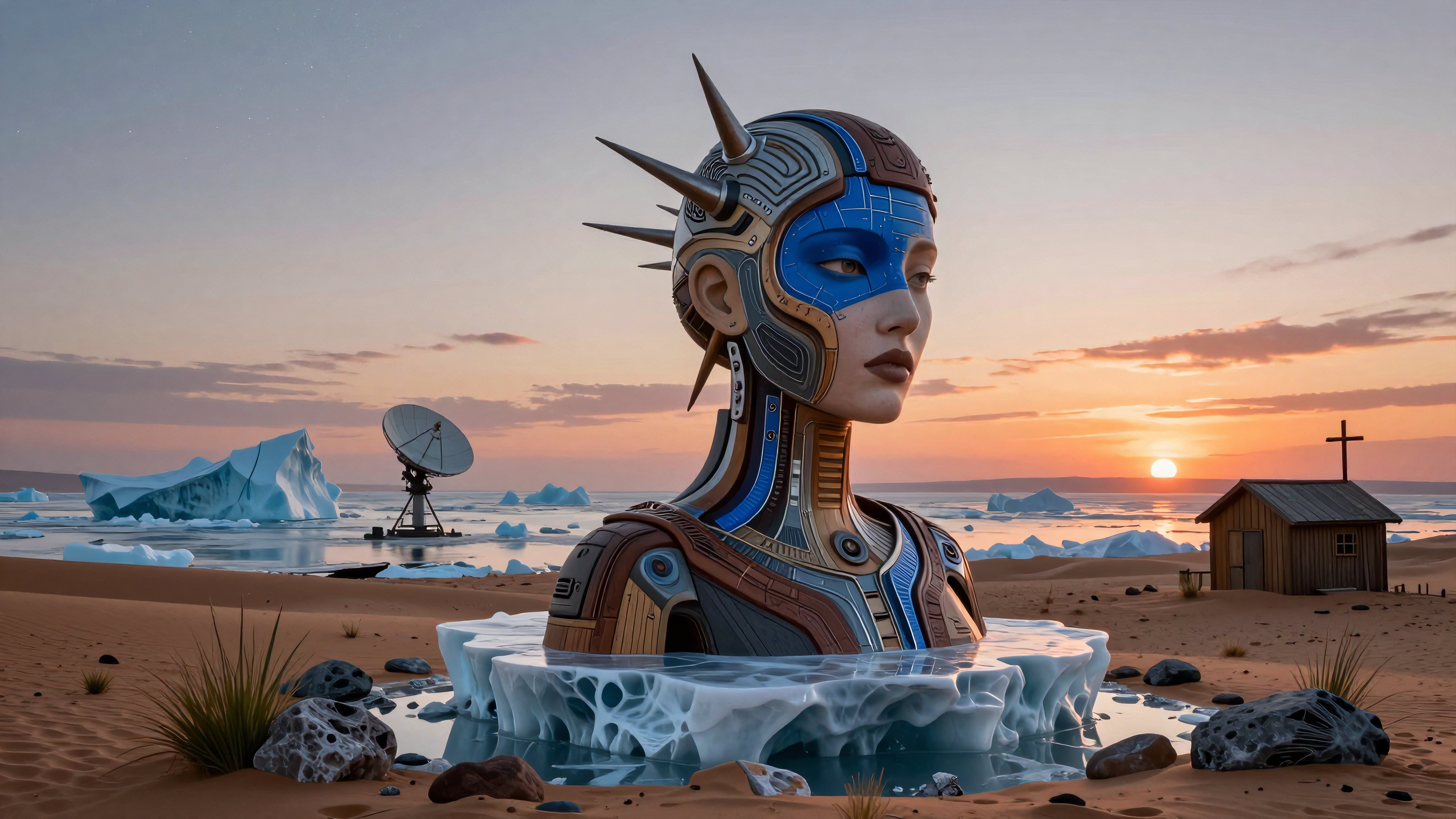 Cybernetic humanoid emerging from ice in arctic desert sunset