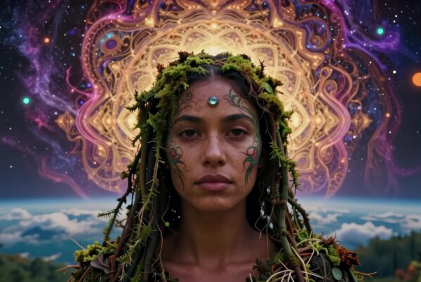 Enchanted goddess crowned with nature elements gazes into cosmos amidst swirling nebulas and starlit skies.