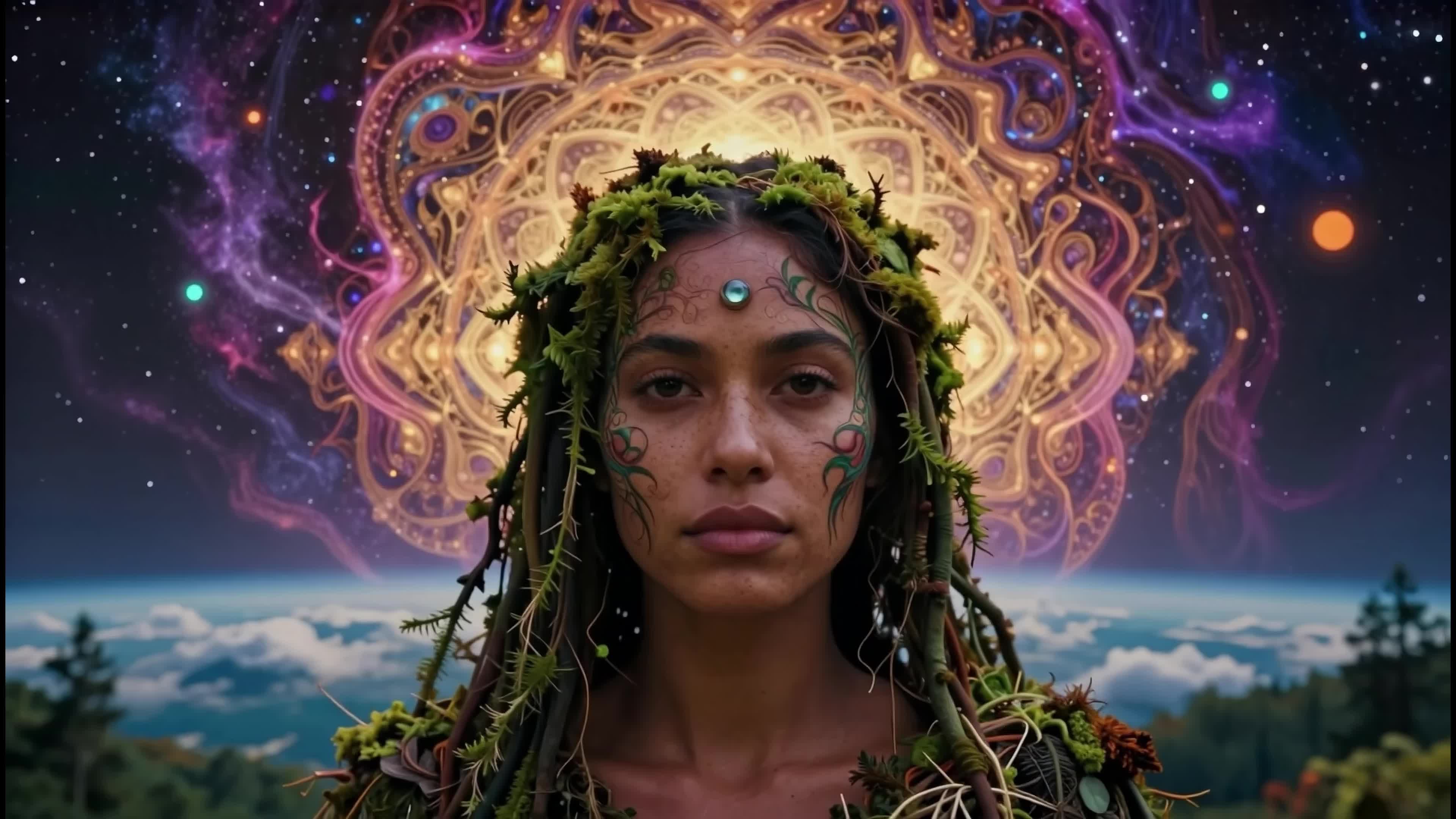 Enchanted goddess crowned with nature elements gazes into cosmos amidst swirling nebulas and starlit skies.