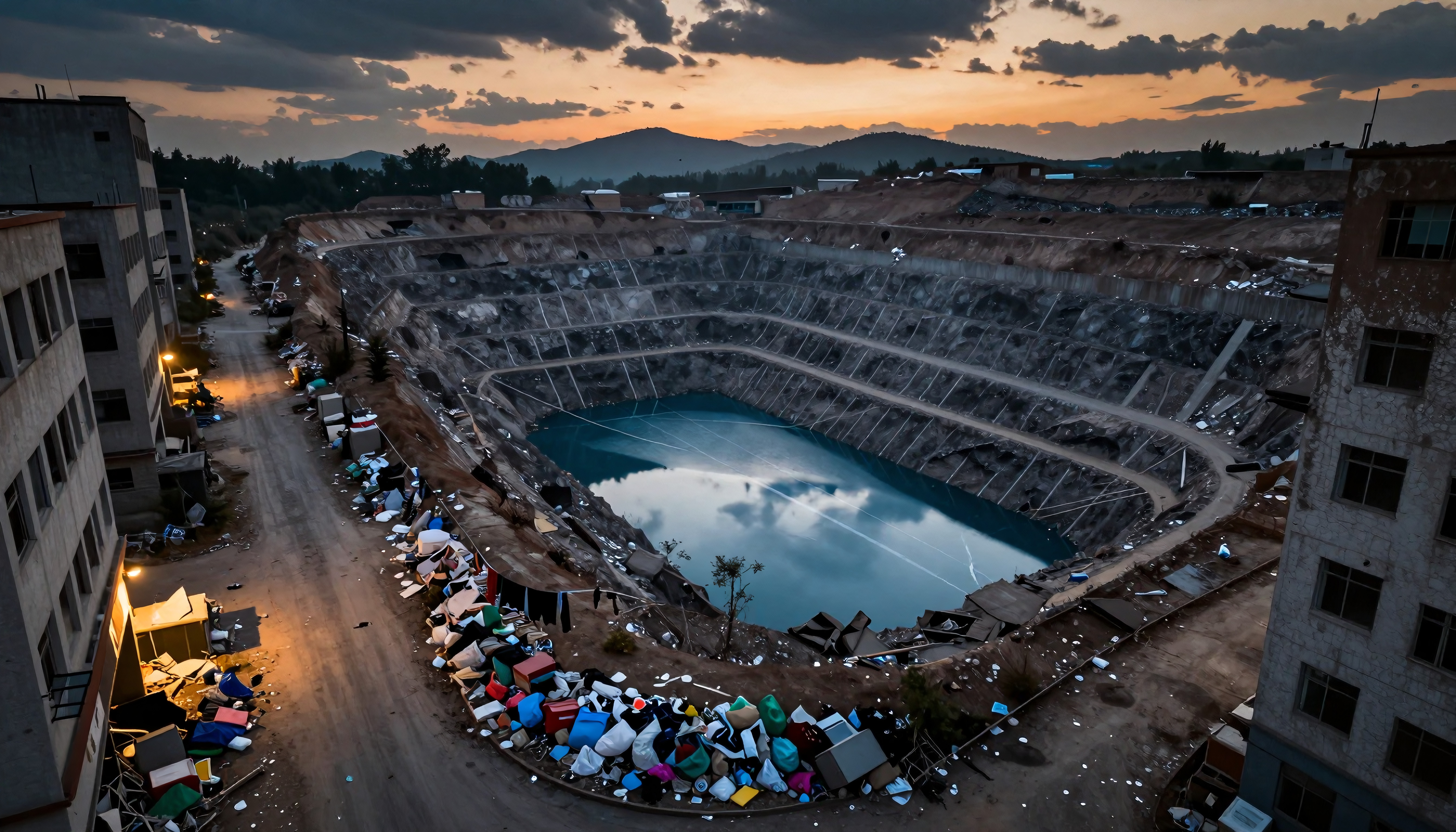 Abandoned Mine Pit with Trash Piles at Sunset