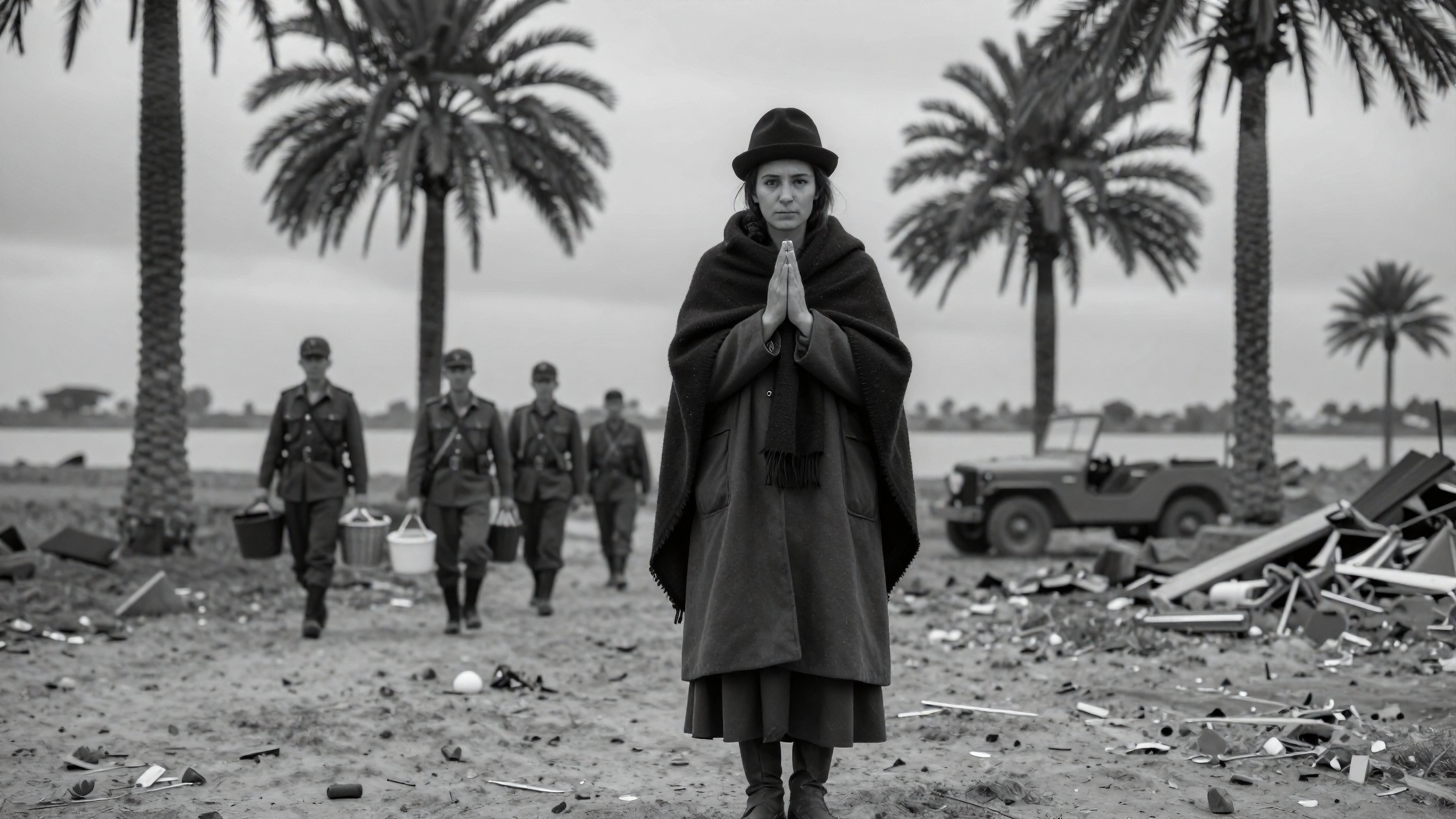 Woman in Prayer on Post-War Beach with Soldiers in Background