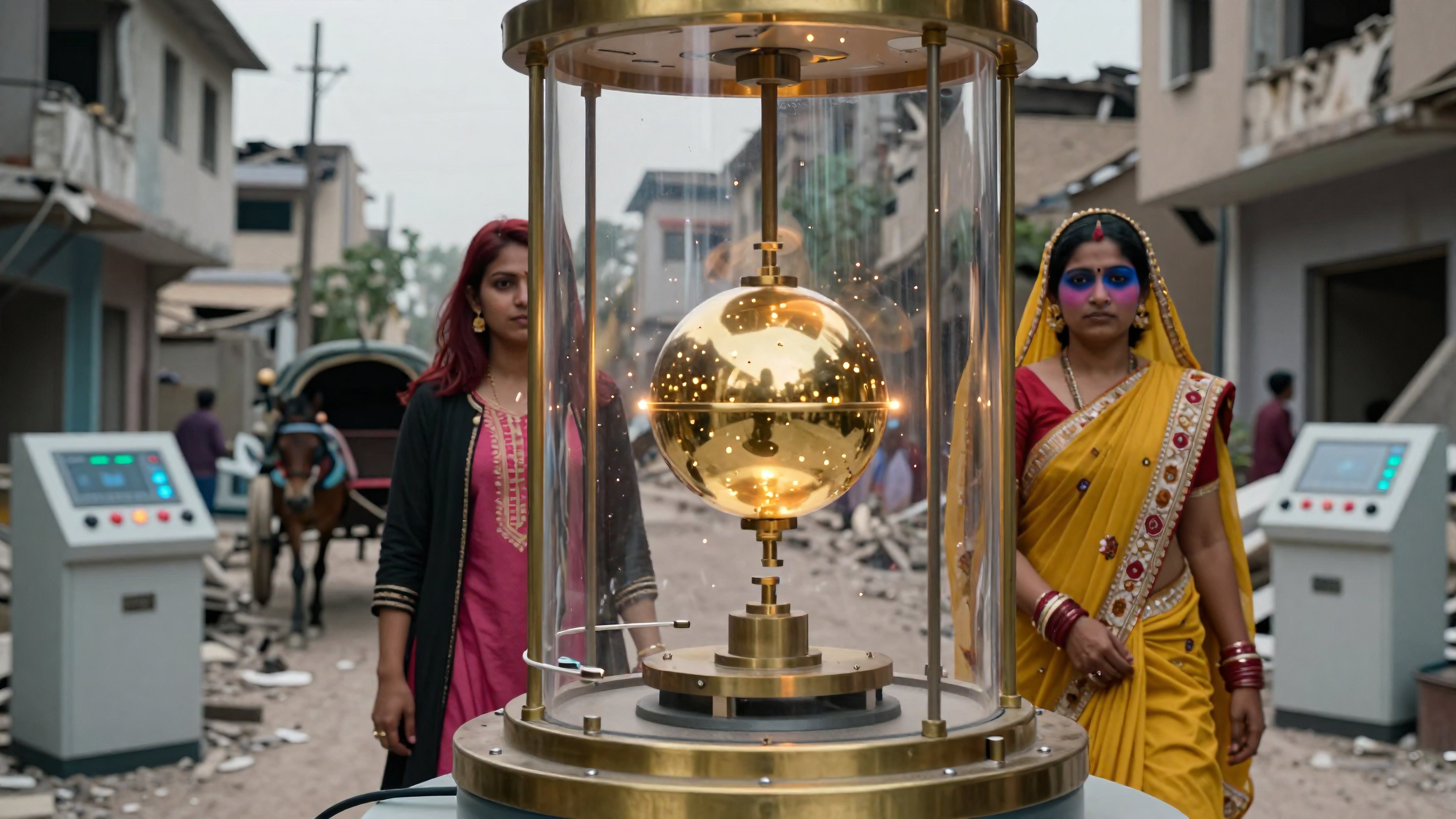 Two Women in Traditional Indian Attire Near Brass Scientific Device in Urban Setting
