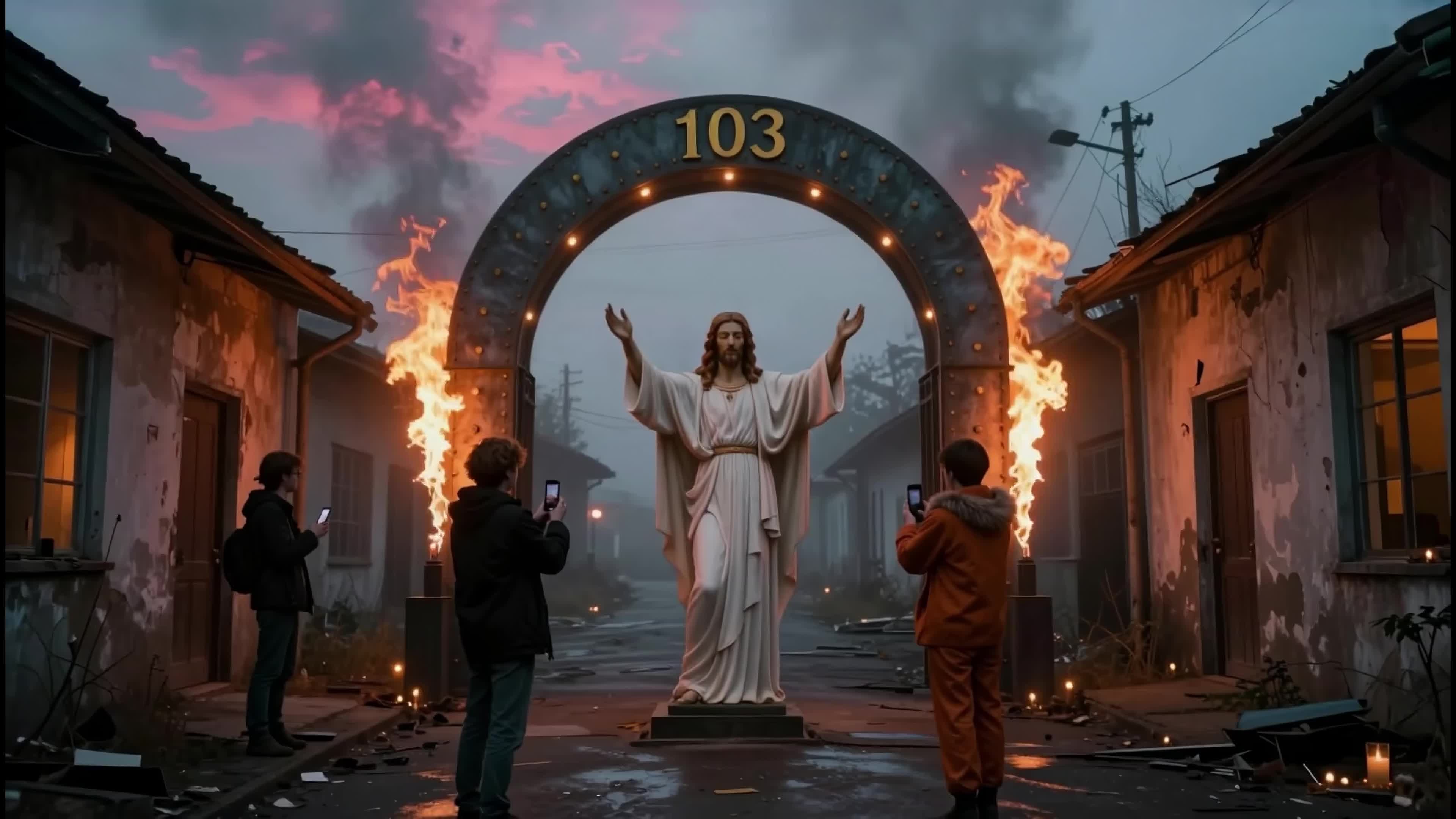 Flaming celestial arch reveals Jesus statue amid burning ruins — cinematic spiritual event captured digitally 4K video.
