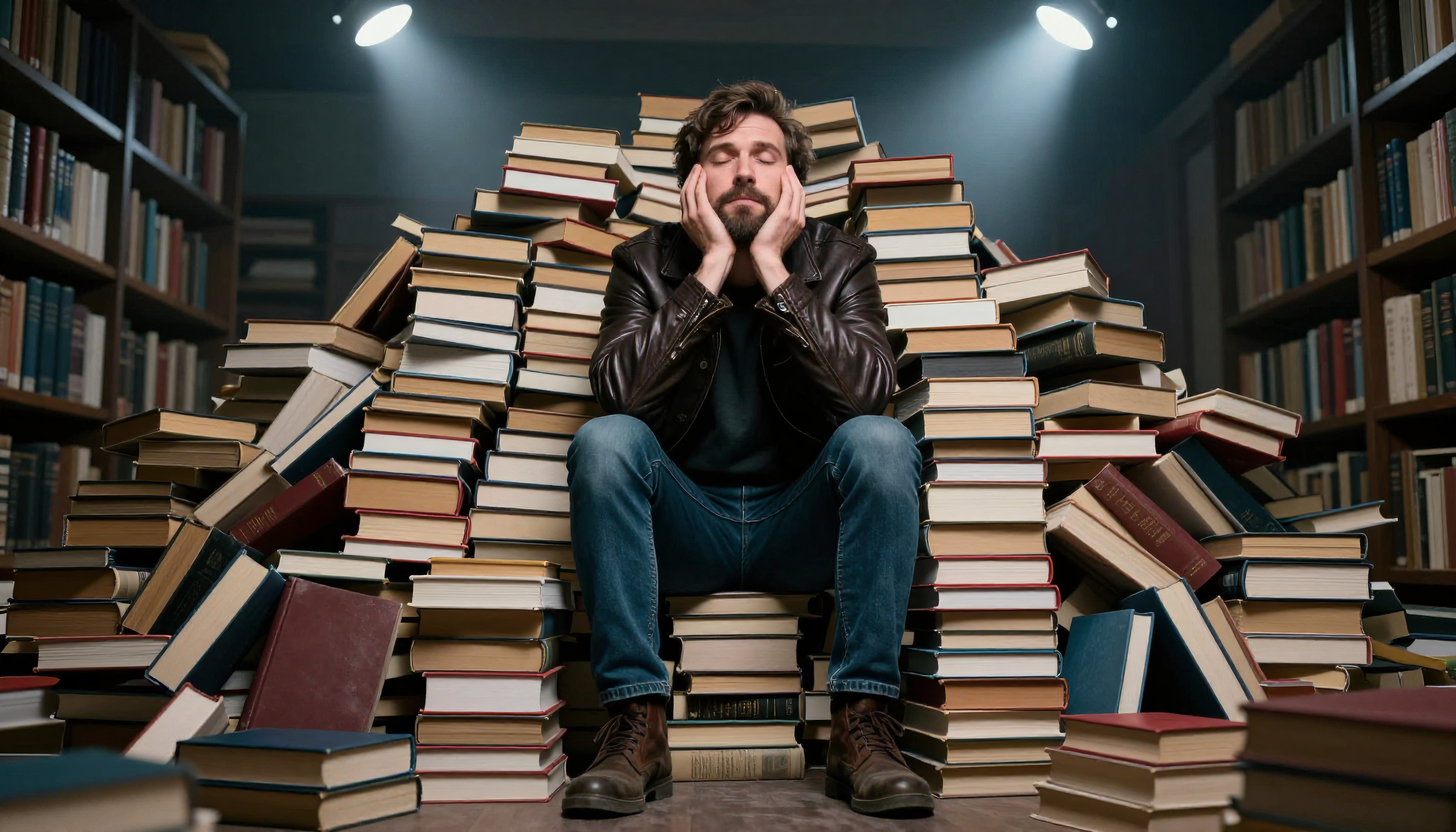 Man Contemplating Amid Book Stacks in Library