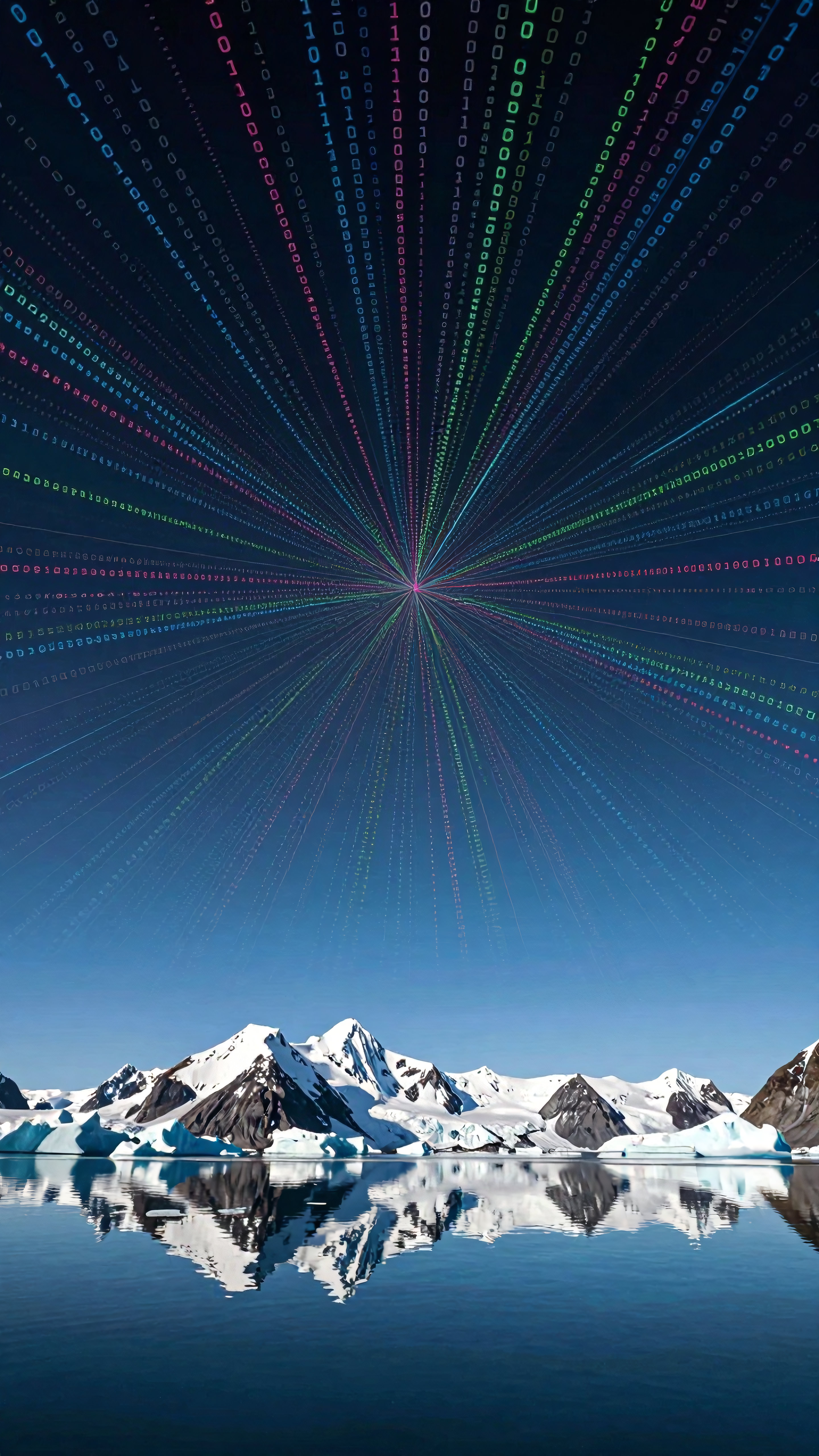 Digital Binary Matrix Over Mountain Lake and Ice Reflection