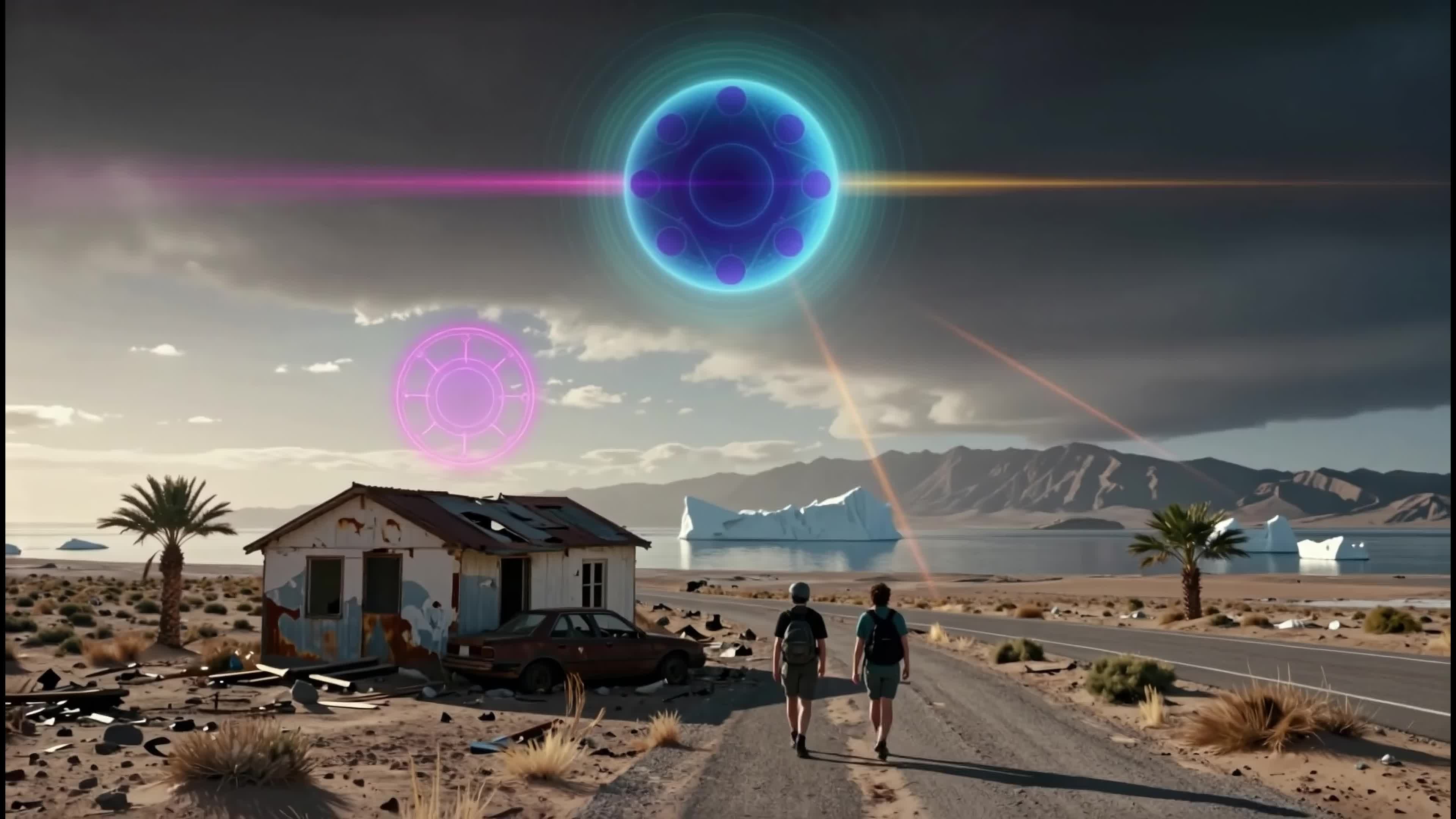 Explorers walking under glowing cosmic spheres over eerie desert ruins with floating icebergs and mystical skies.