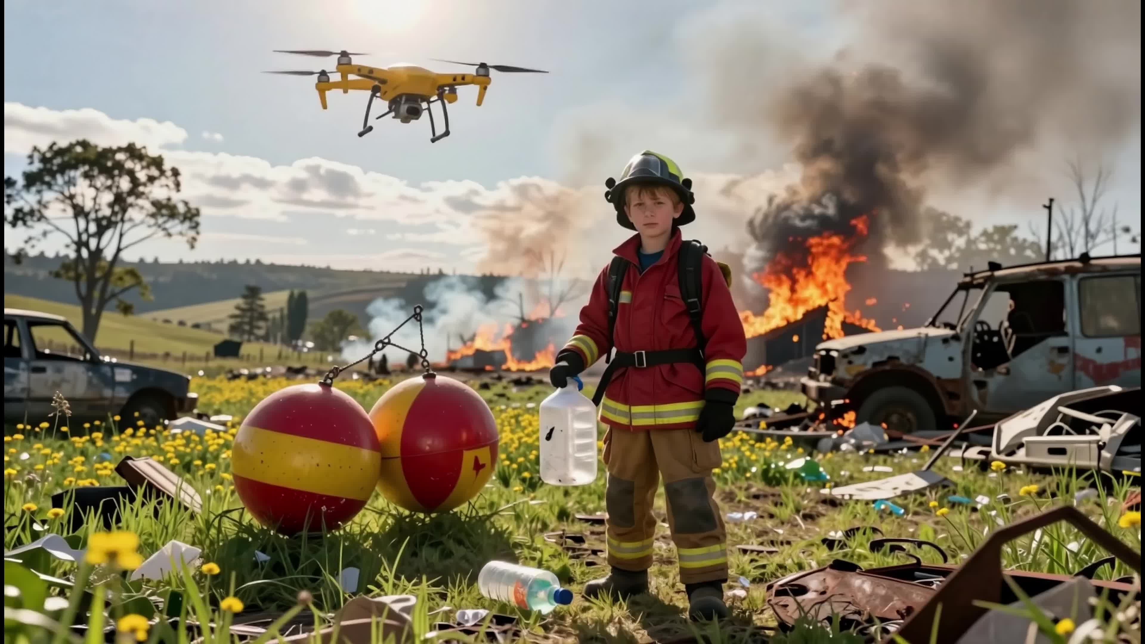 Little firefighter battling wildfires using drone assistance in ruined countryside surrounded by flowers