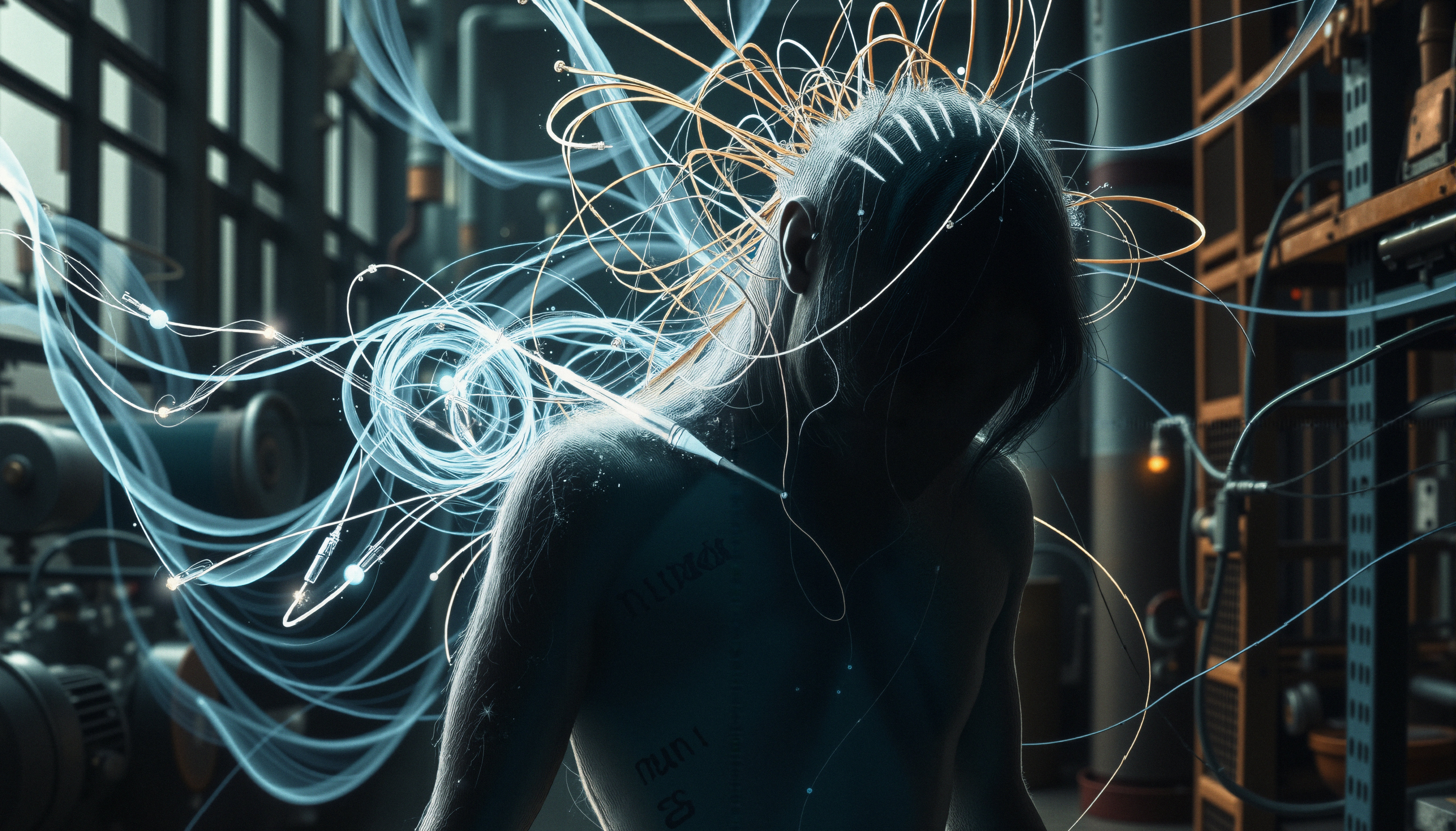 Abstract visualization of neural connections surrounding a human silhouette in a high-tech setting