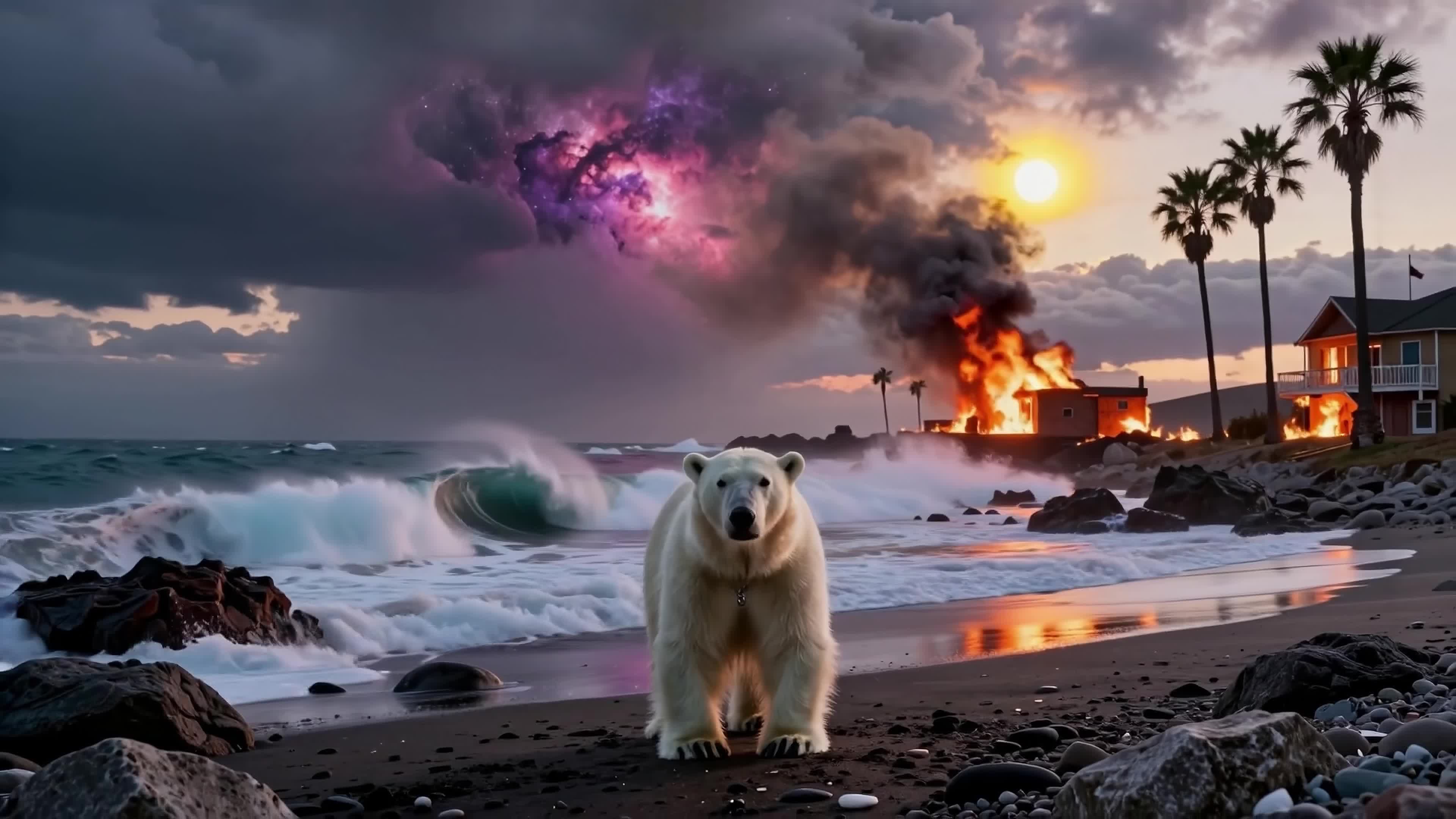 A surreal and haunting 4K video of a polar bear on a burning beach amid climate chaos.