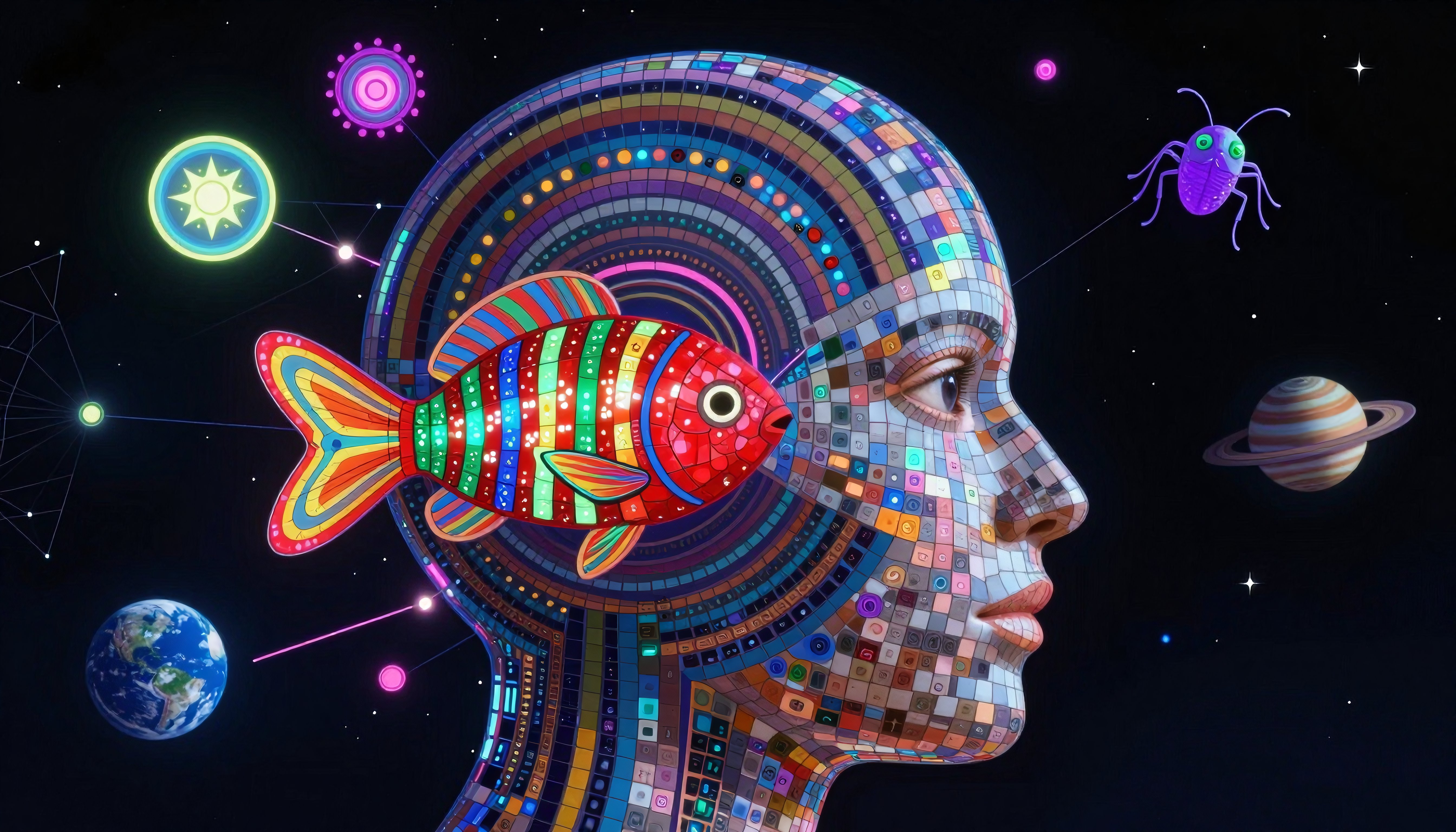 Digital Mosaic Human Head with Rainbow Fish in Cosmic Background