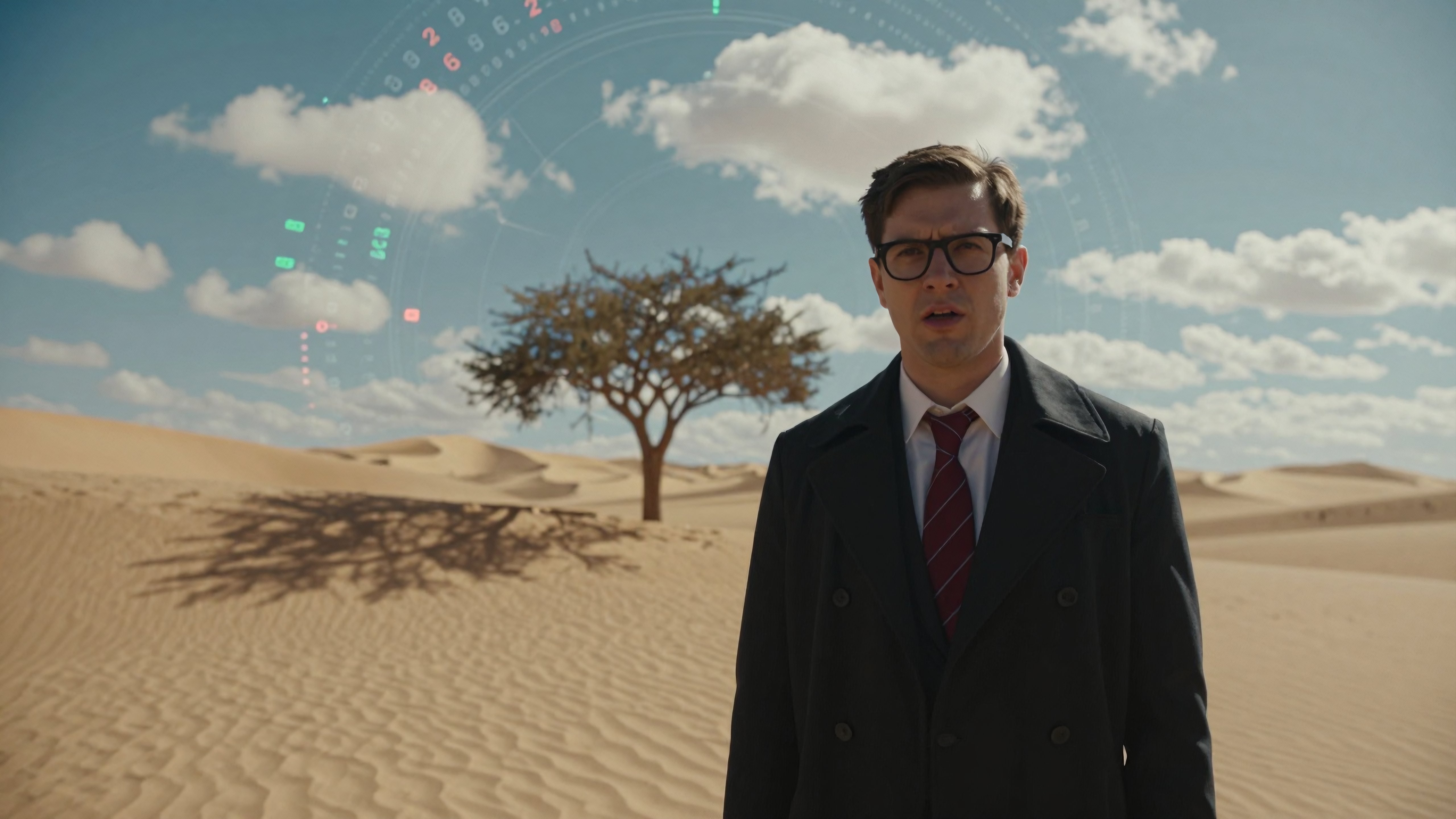 Businessman in Sahara Desert with Futuristic Digital Interface