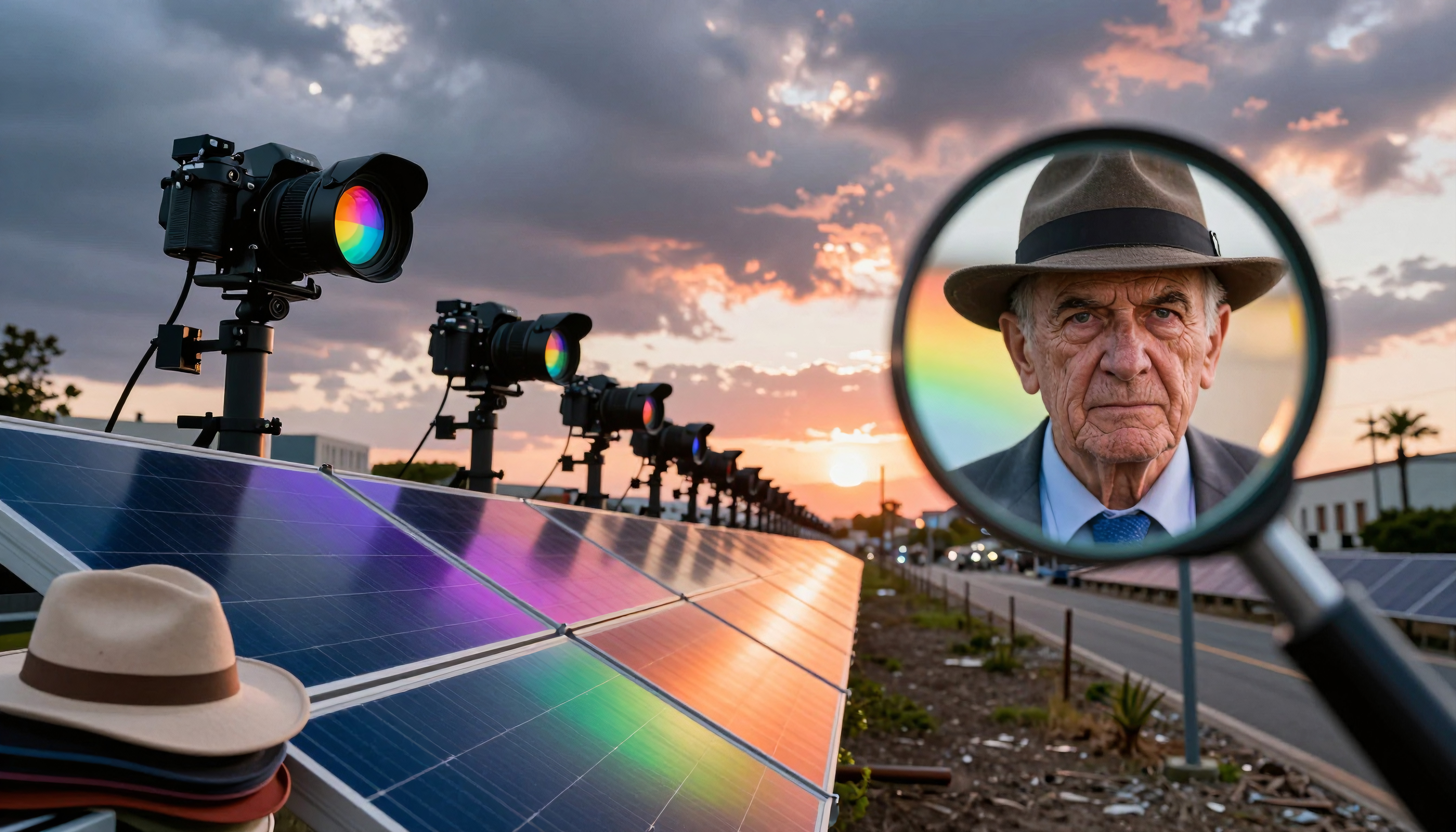 Solar Panel Array with Camera Setup and Magnified Portrait at Sunset