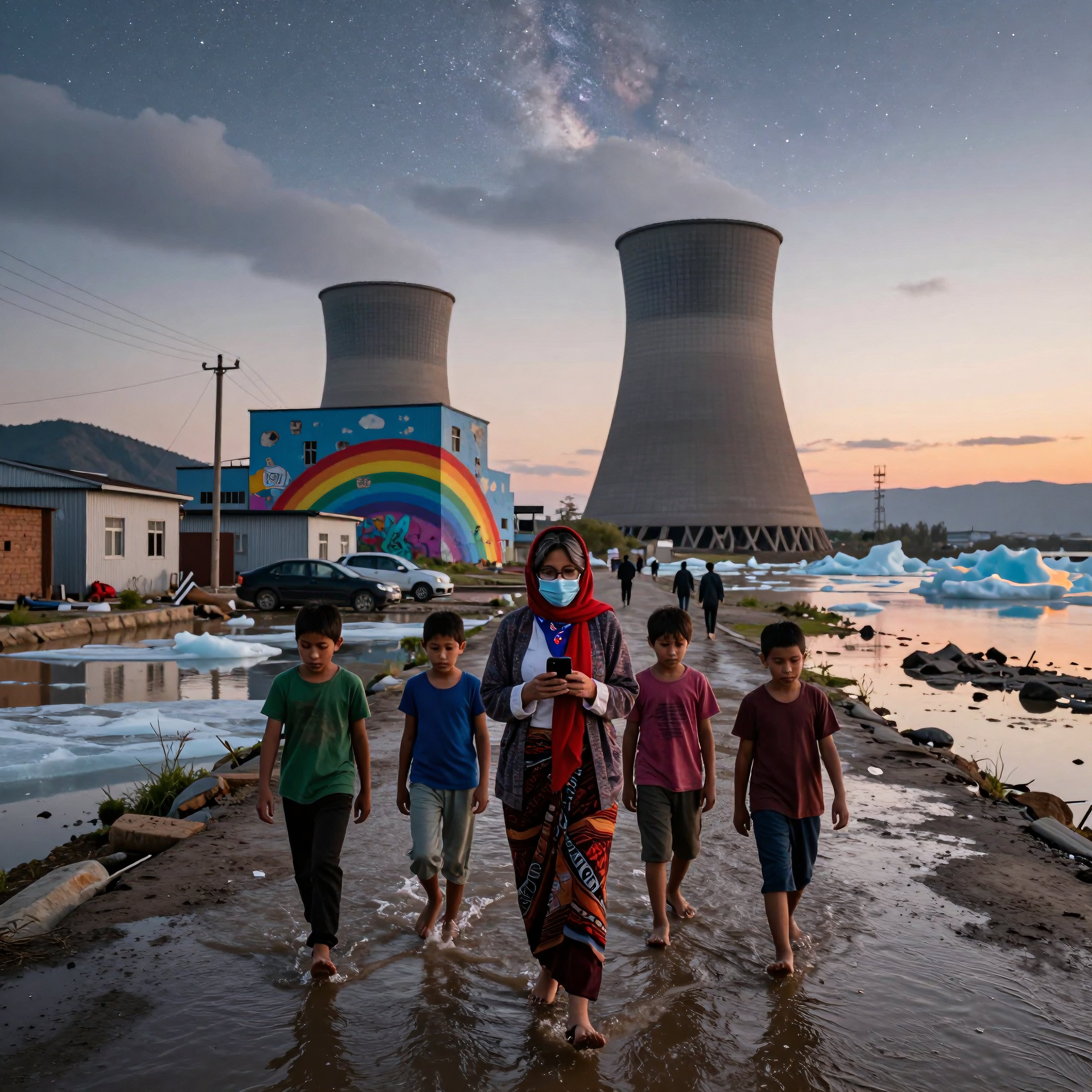 Woman and children walk through flooded industrial area with cooling towers and rainbow mural at dusk