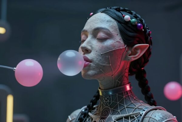 Cyberpunk alien queen blowing magical glowing bubbles in neon-lit sci-fi 4K video.