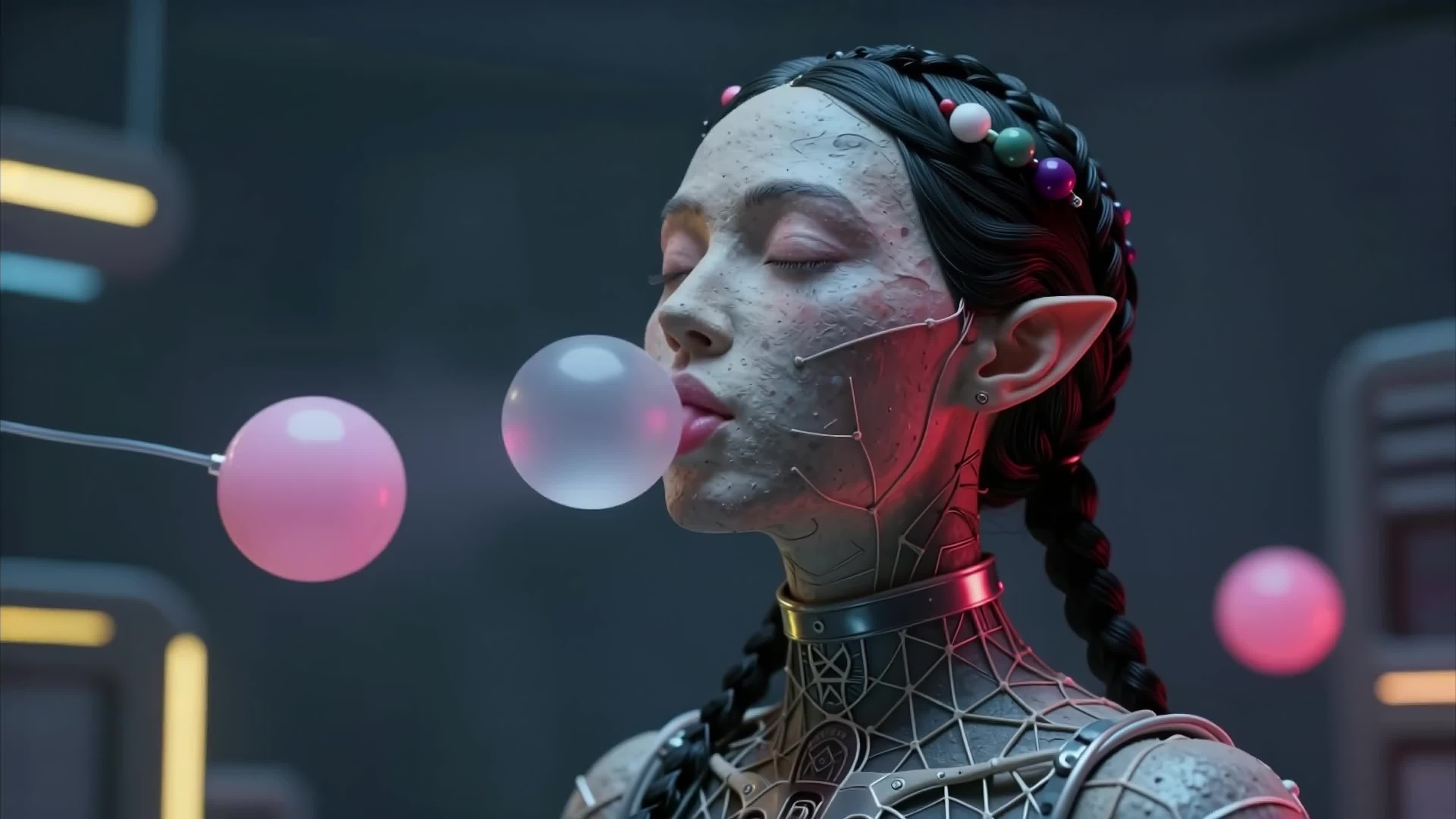 Cyberpunk alien queen blowing magical glowing bubbles in neon-lit sci-fi 4K video.