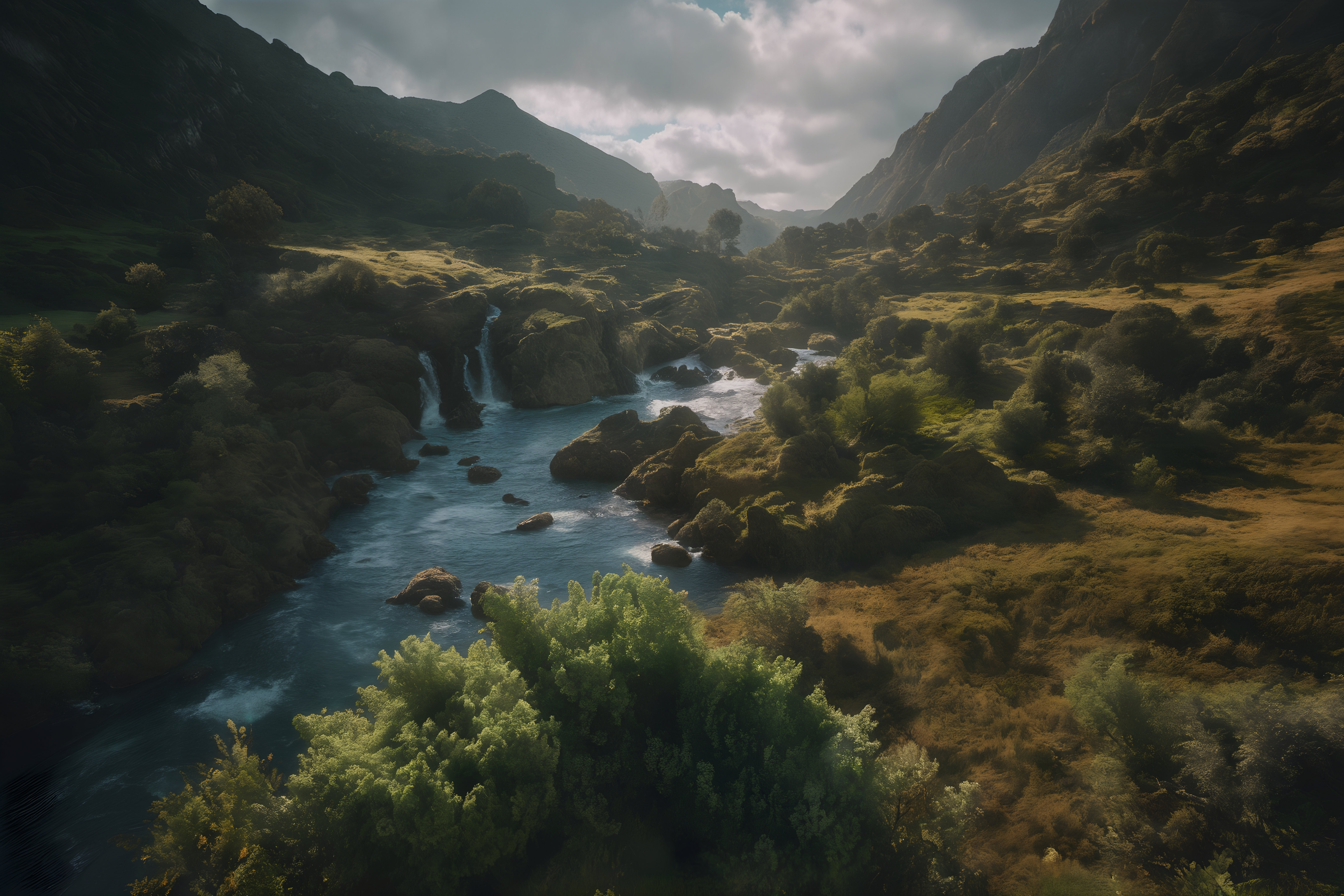 Moody river gorge surrounded by lush, misty mountains and dense forest