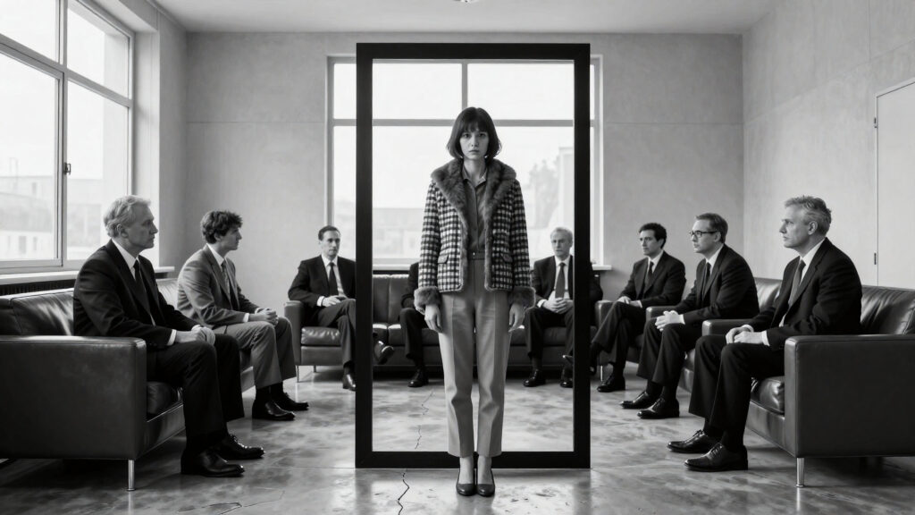 Woman in Frame Surrounded by Businessmen in Minimalist Office Meeting