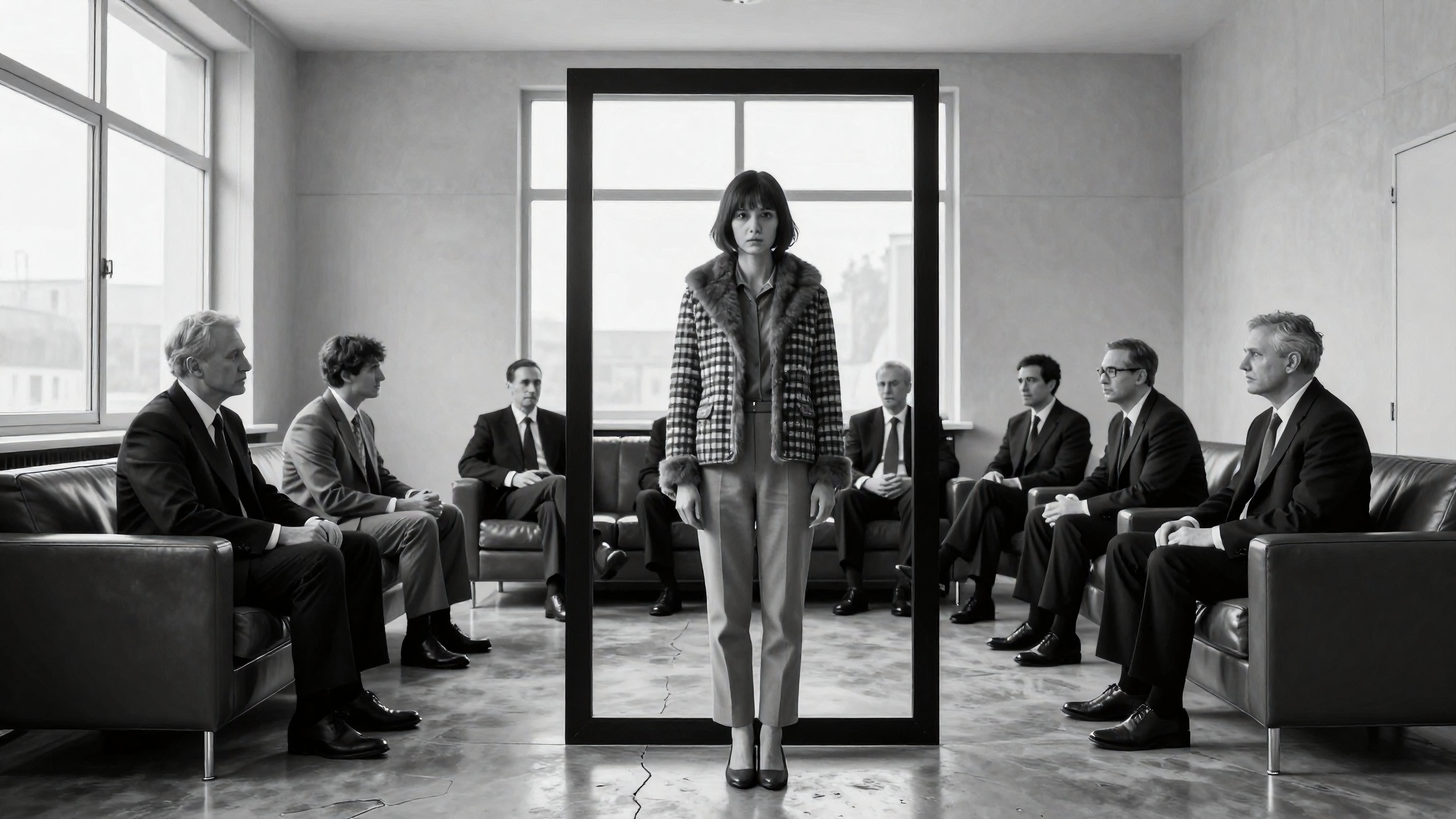 Woman in Frame Surrounded by Businessmen in Minimalist Office Meeting