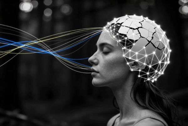 4K video of a woman with glowing cyberbrain surrounded by flowing tech lines amidst mystical forest setting.