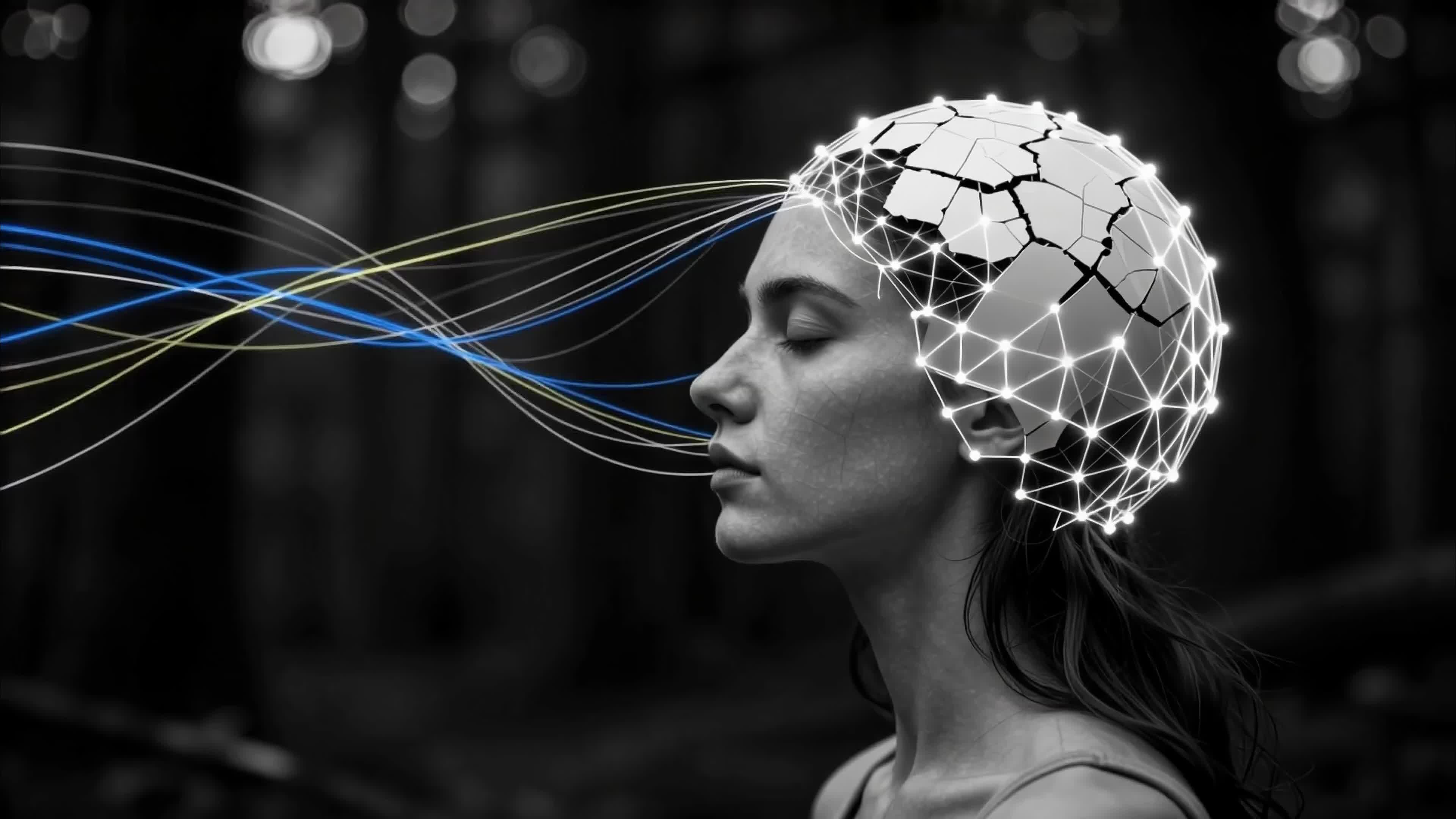 4K video of a woman with glowing cyberbrain surrounded by flowing tech lines amidst mystical forest setting.