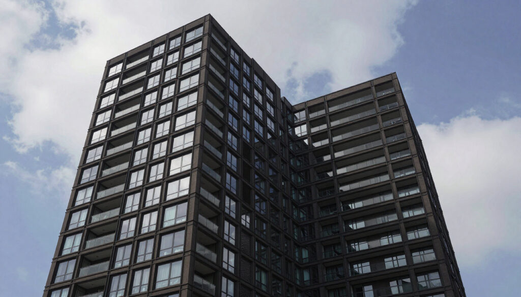 Modern High-Rise Residential Building with Glass Facade and Balconies