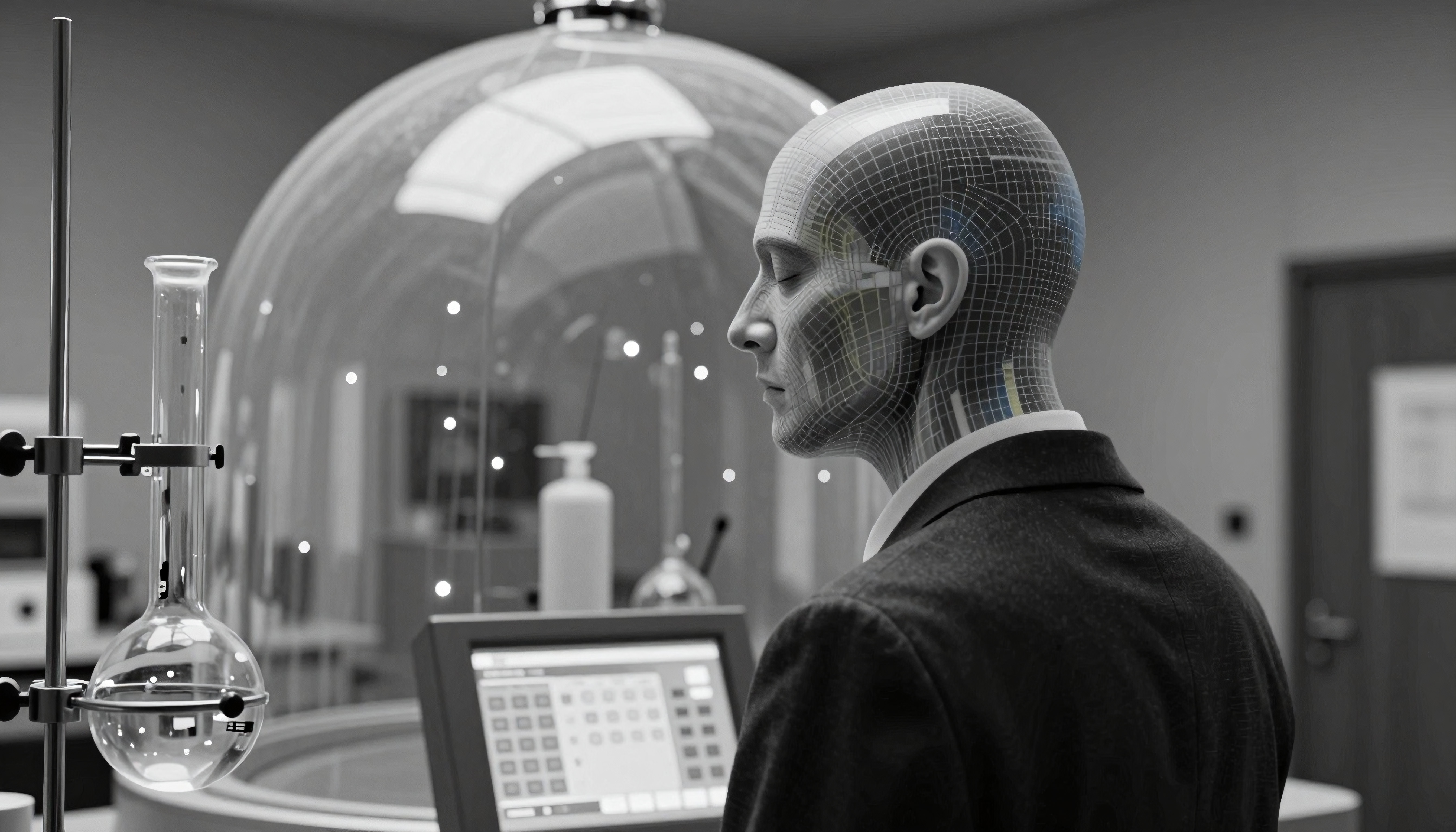 AI humanoid figure in laboratory with glass beakers and domed containment unit