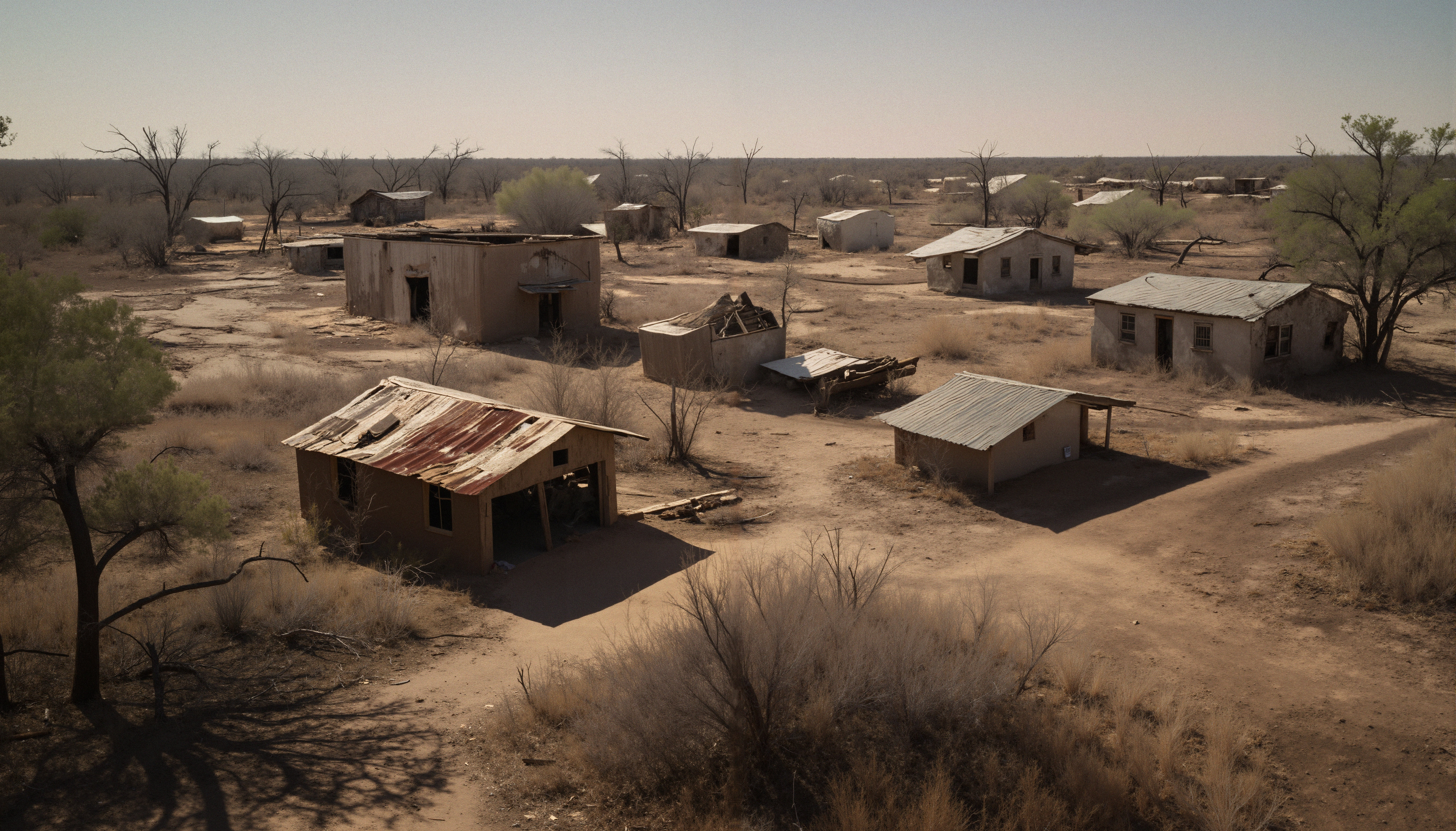 Abandoned Desert Settlement with Dilapidated Rustic Structures