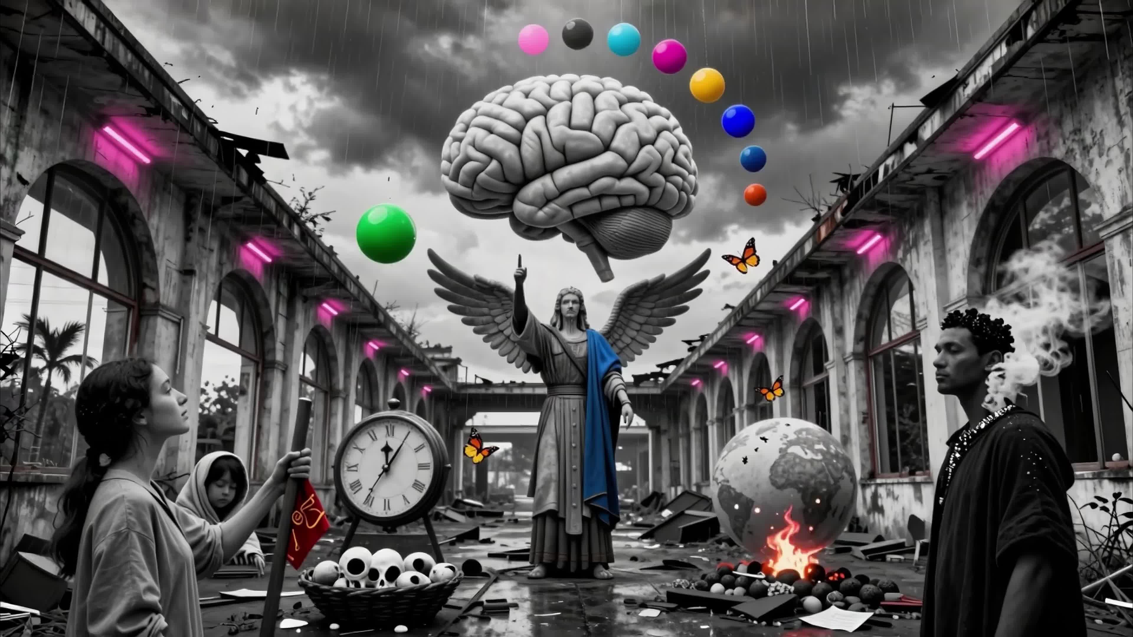 A surreal 4K video of a brain and Angel in ruined cathedral.