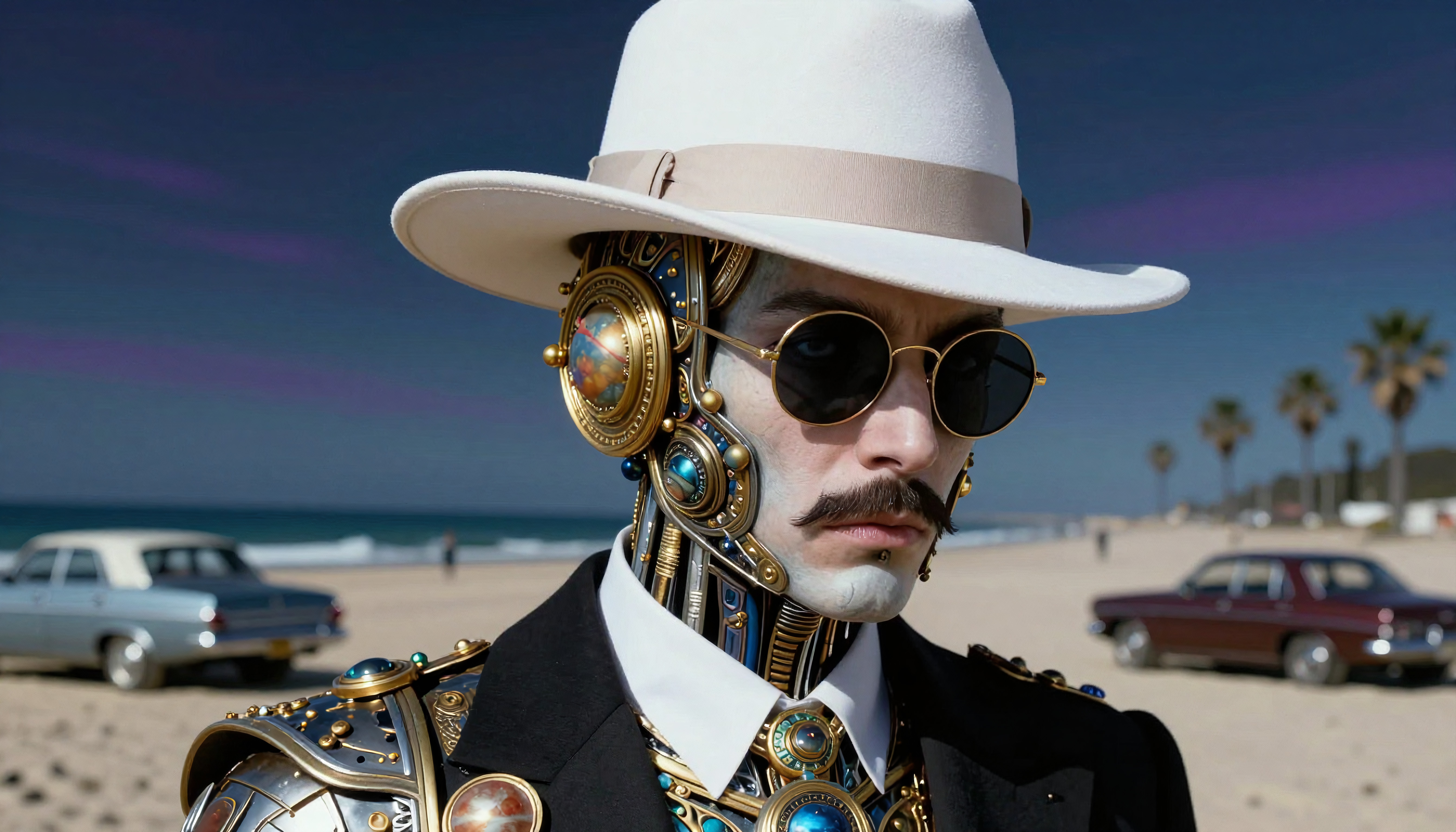 Steampunk Mechanical Figure on Beach with Vintage Cars
