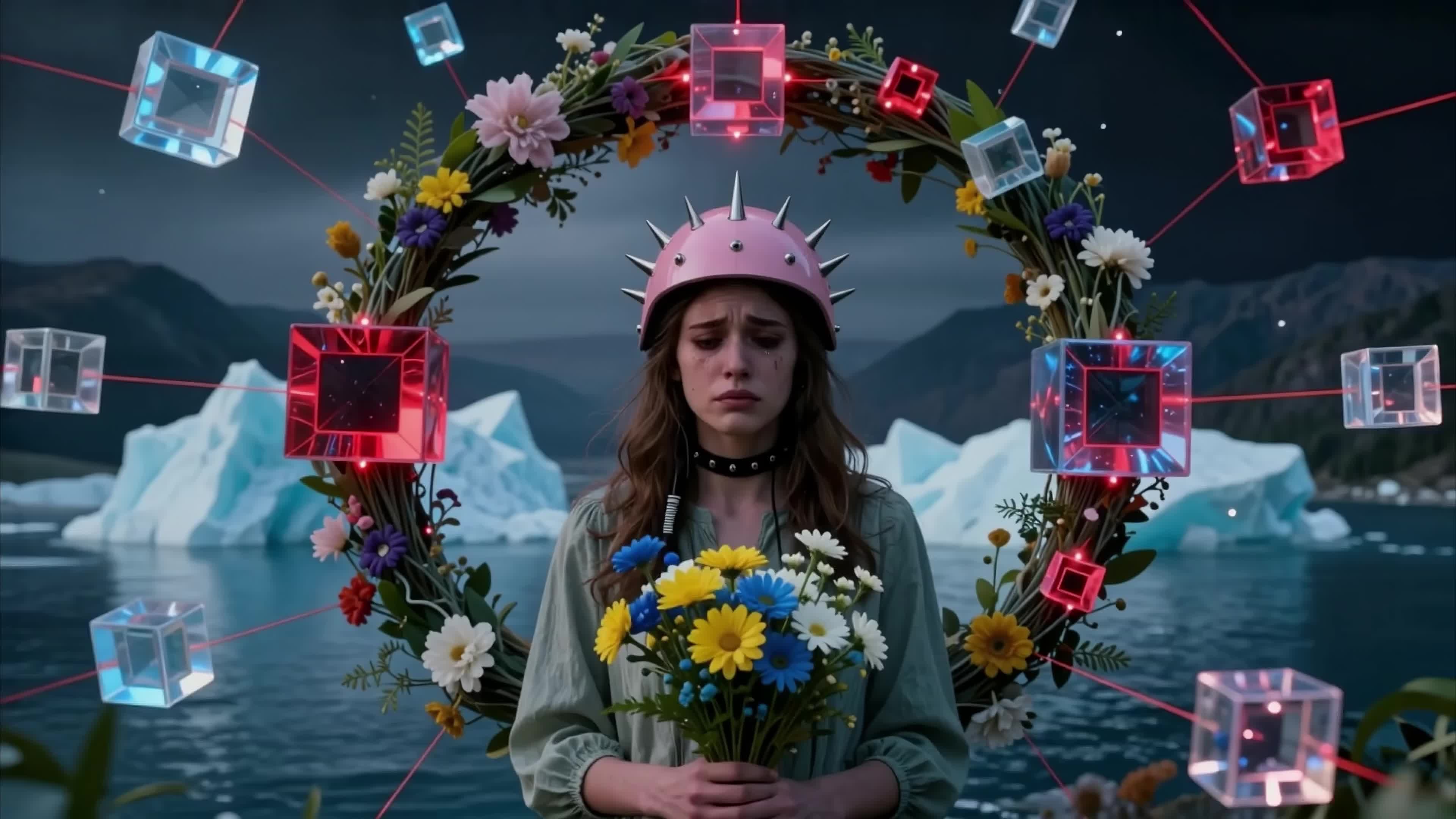Enchanting surreal portrait of a crowned flower maiden amidst glowing cubes and glacial landscapes, 4K video,