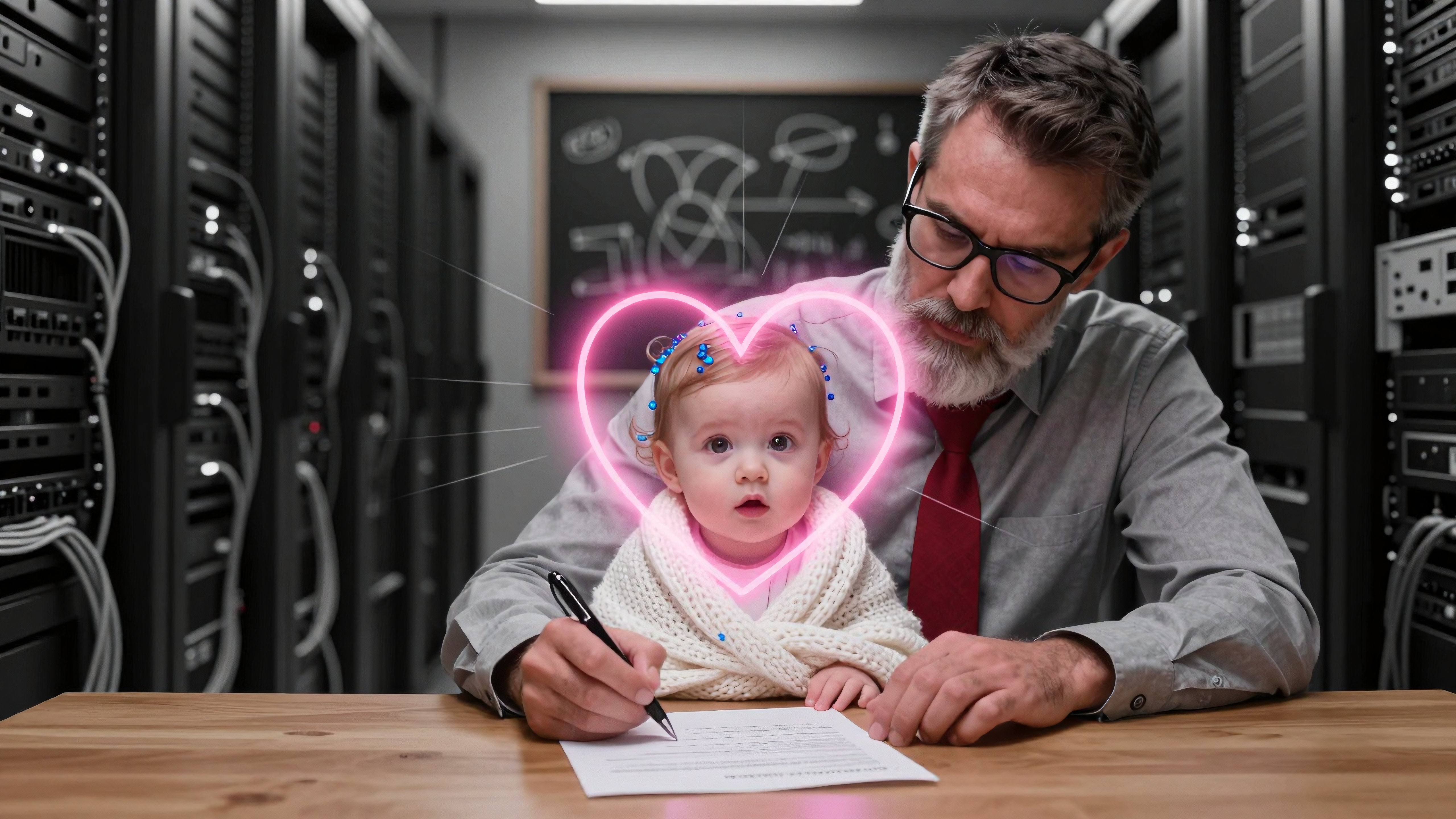 Tech Expert with Holographic Baby in Server Room