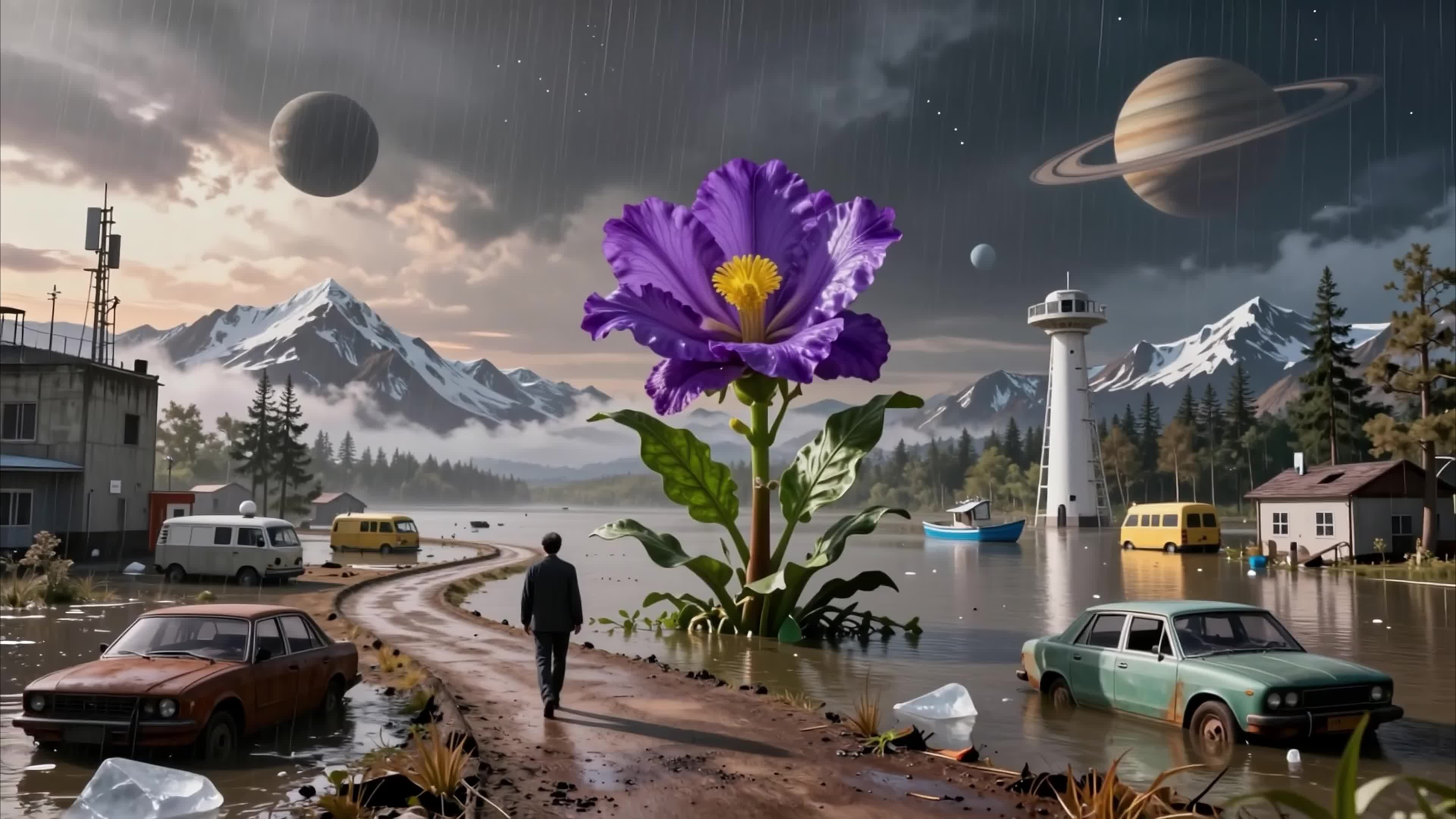 Man walks past giant purple flower in futuristic flooded village under alien planetscape, 4K video.