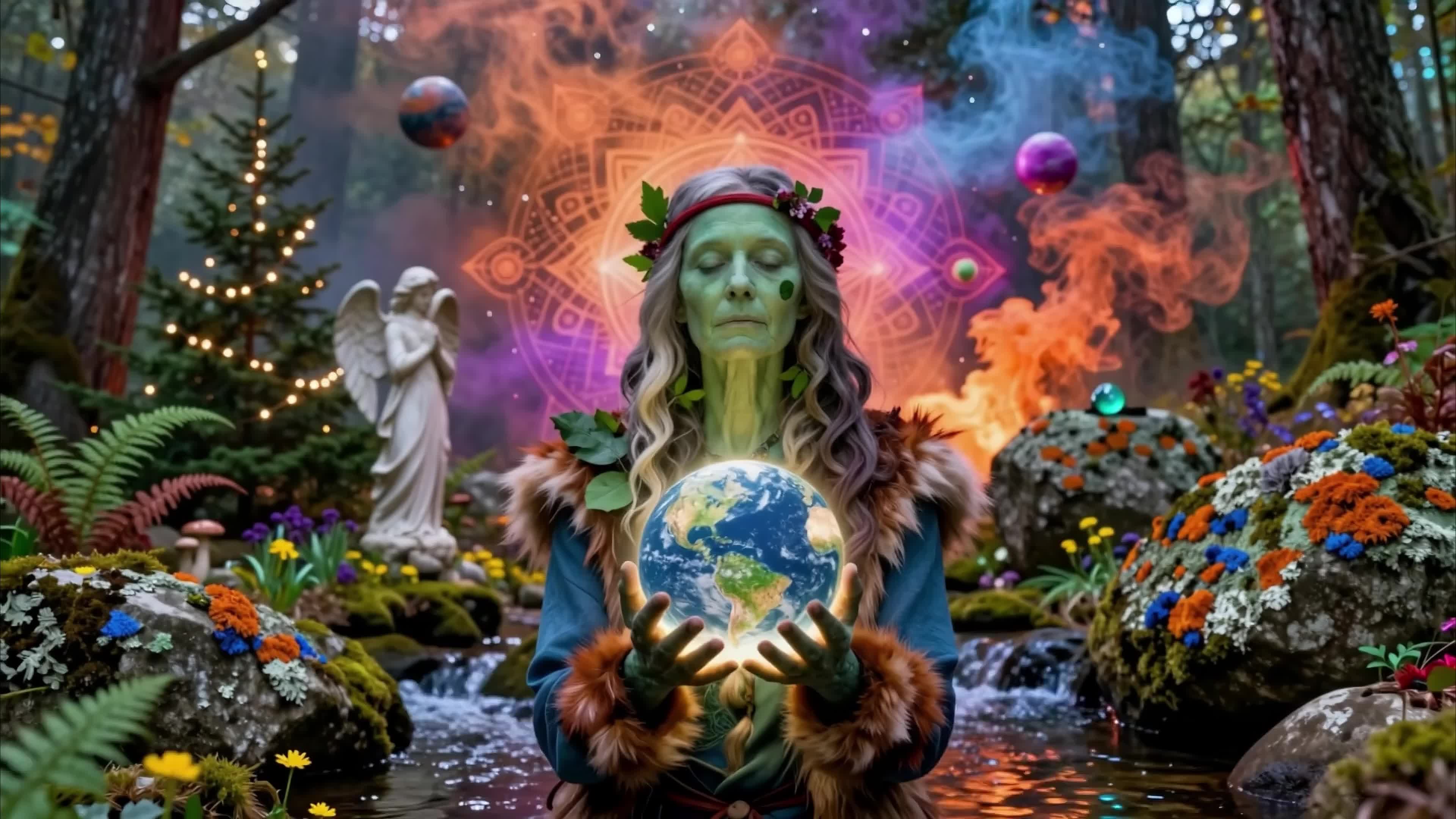 Serene earth goddess holding glowing planet orb amid magical forest with angels and colorful flora, 4K video.