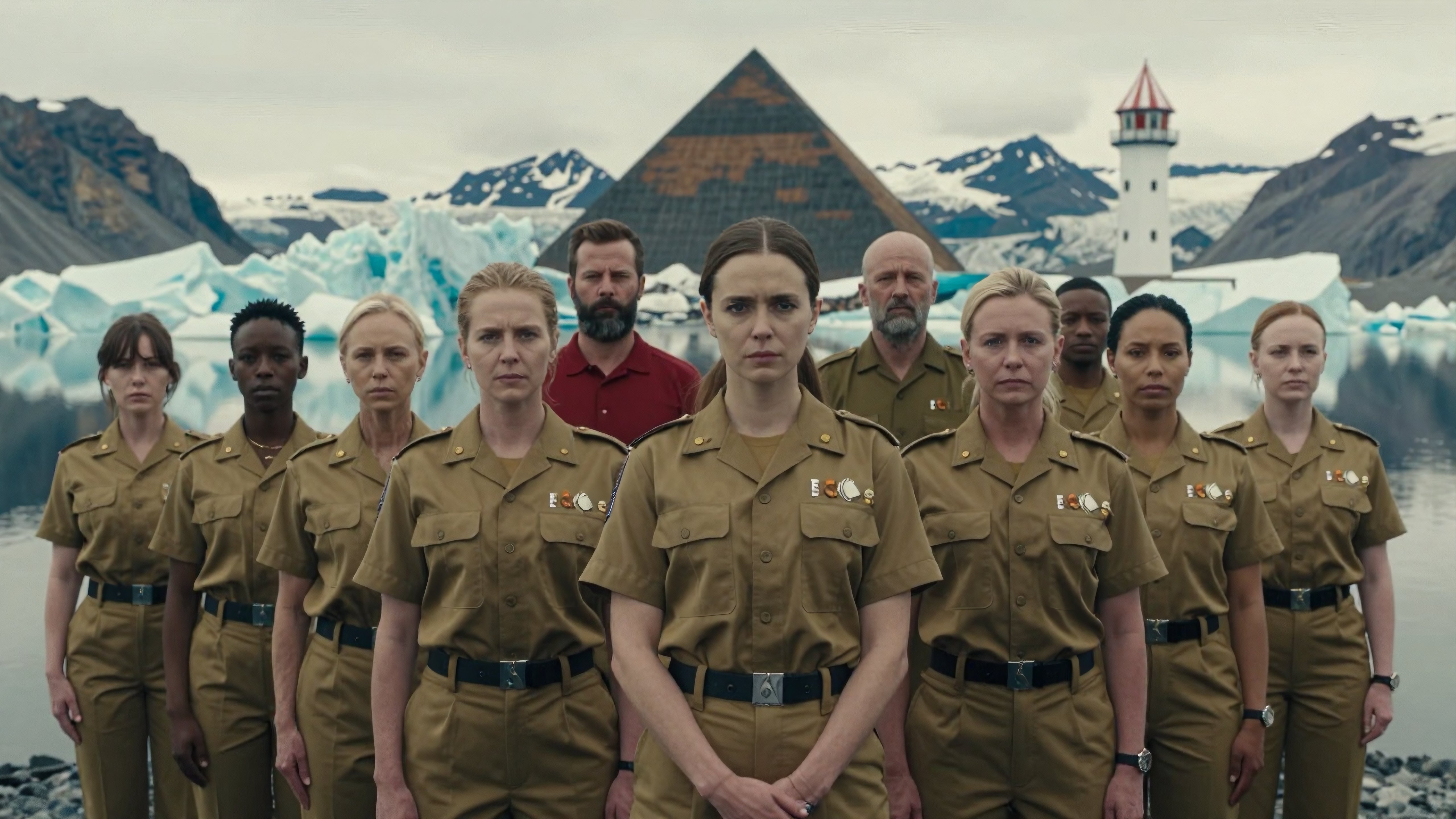 Military-Uniformed Group Before Glacial Pyramid Landscape