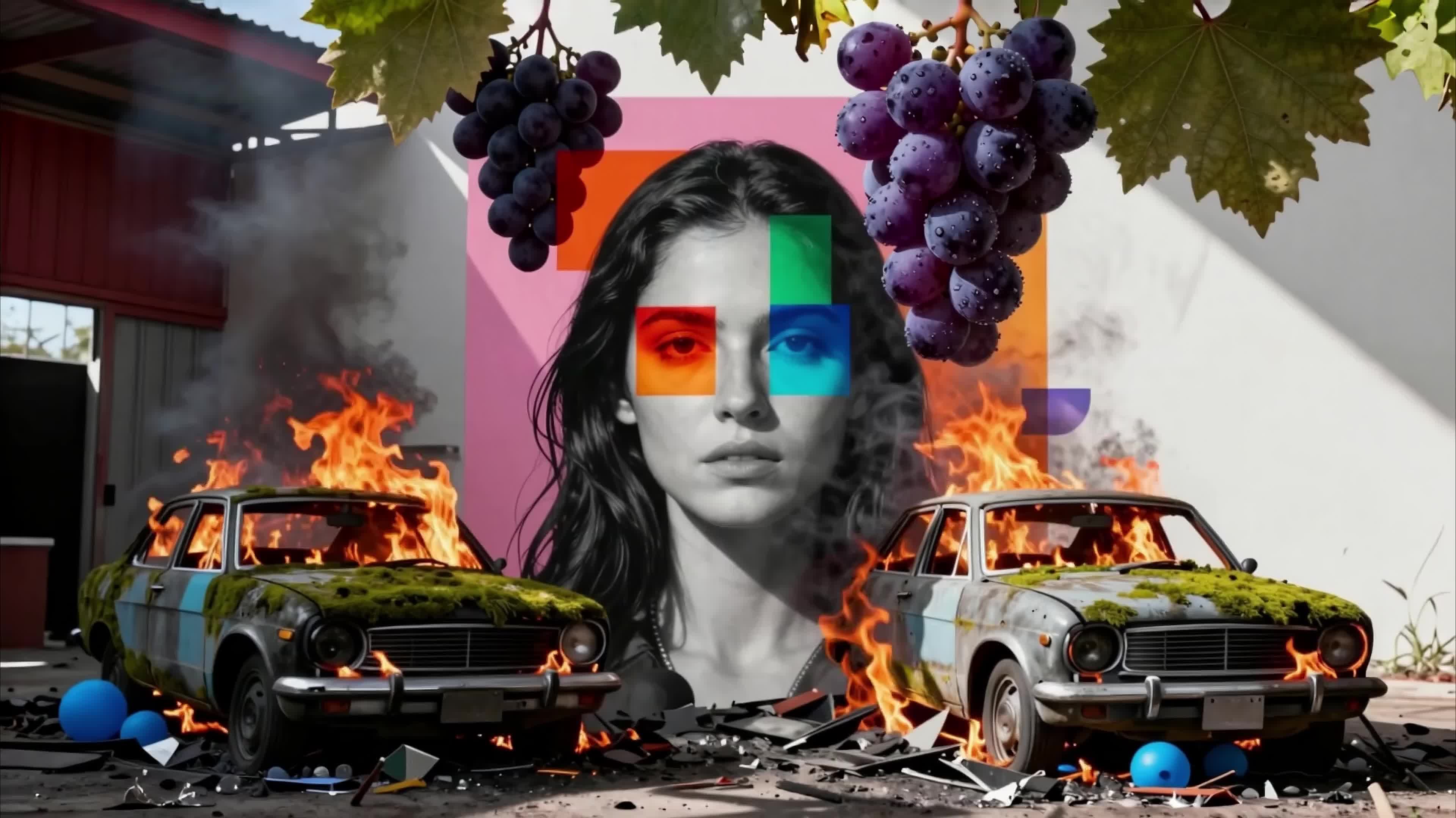 Surreal AI-generated artwork showing a woman's face overlaid with colorful squares amidst burning old cars and dangling grapes under pink wall background — perfect for modern visual storytelling and artistic exploration.