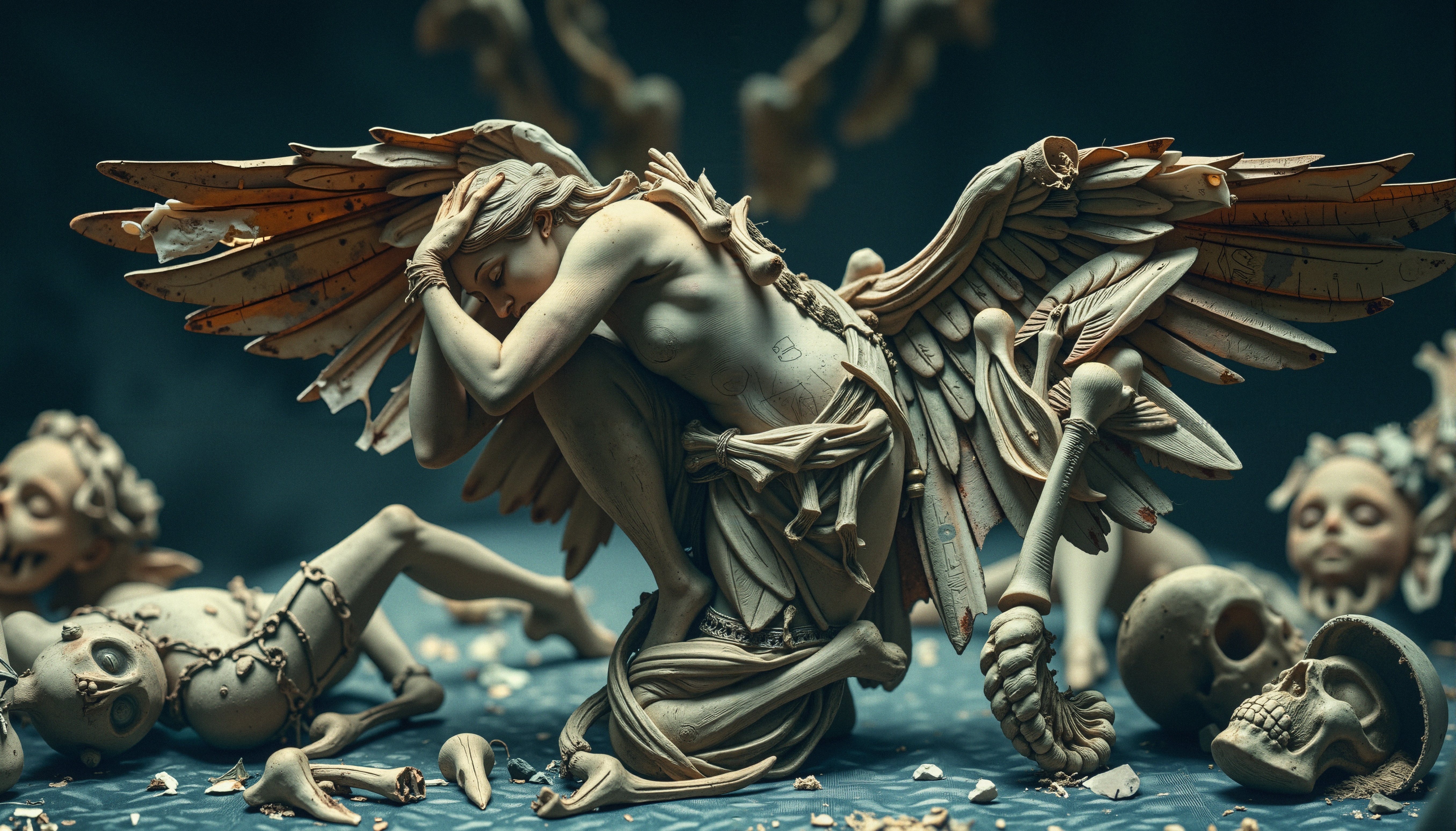 A Fragmented Angel Sculpture Amidst Skeletal Remnants