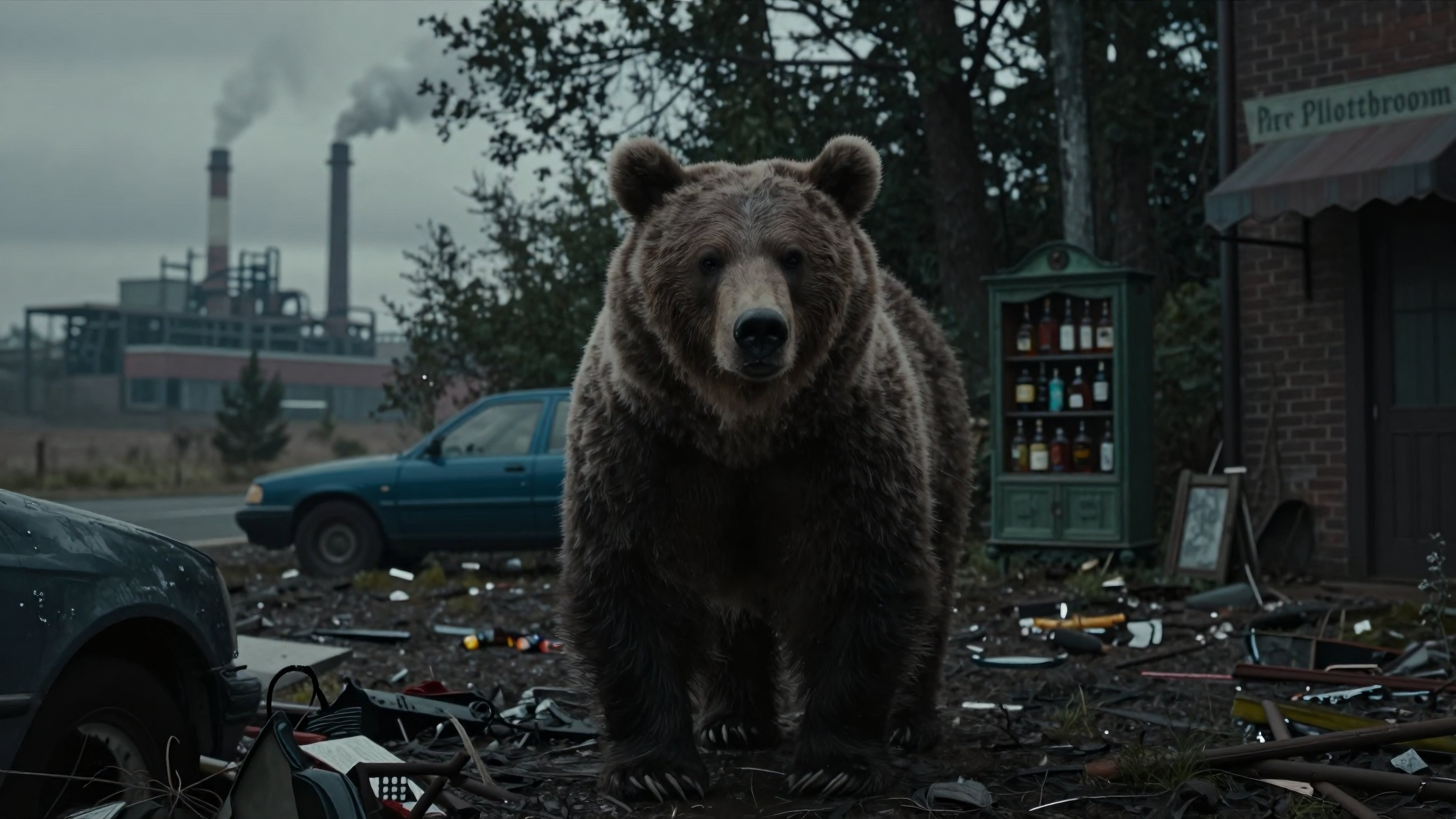 Brown Bear Standing Amidst Industrial Junkyard Debris