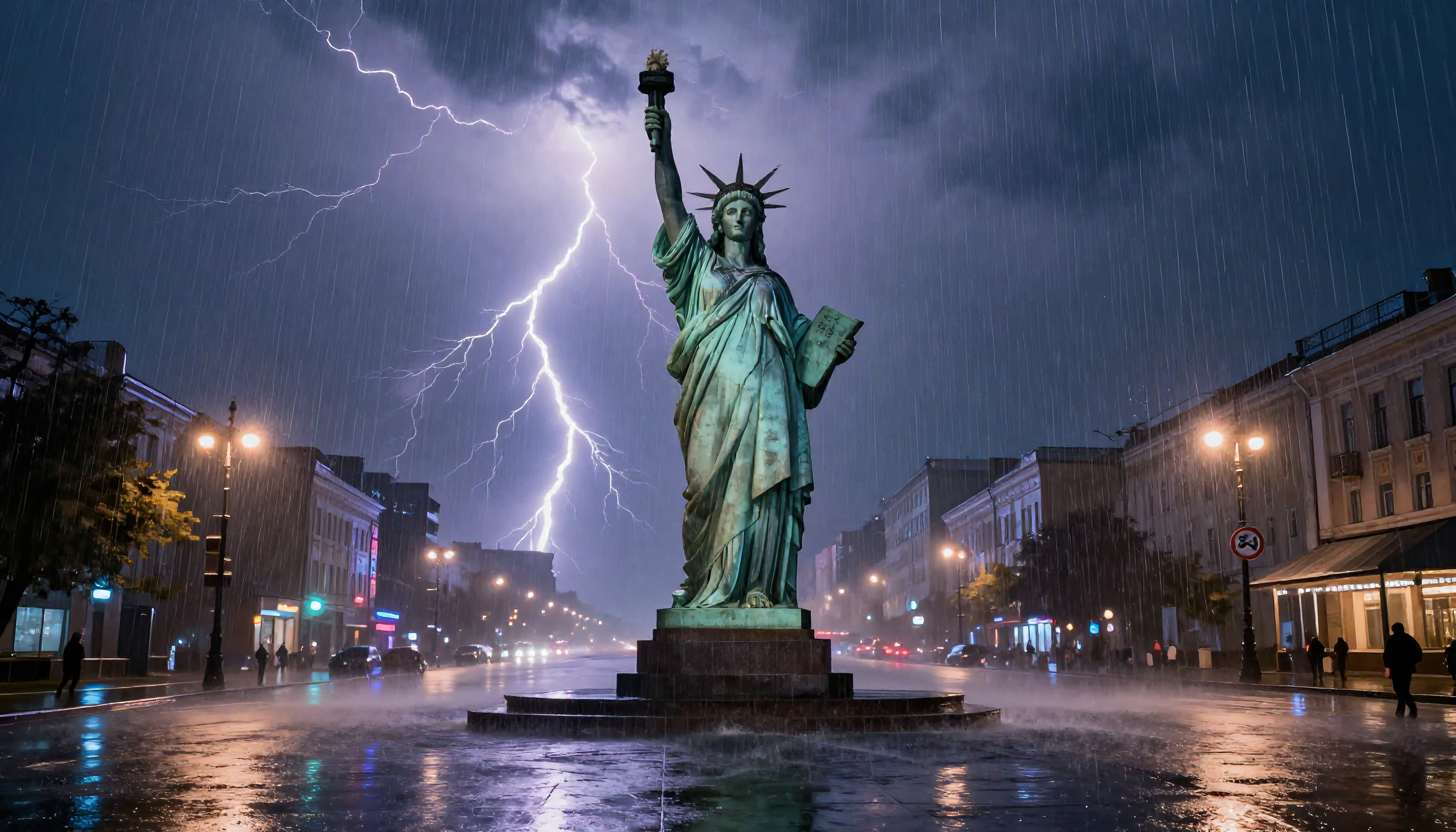 Statue of Liberty Replica Under Stormy Night with Lightning and Rain